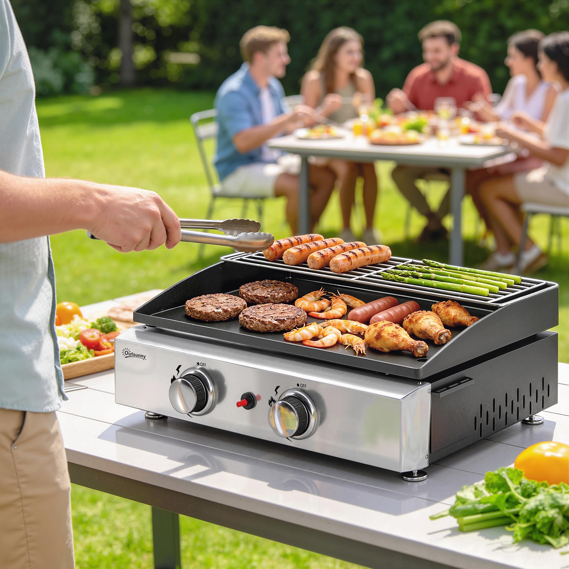 Outsunny Barbacoa de Gas BBQ Gas con 2 Quemadores 5 kW, Barbacoa Portátil con Plancha, Rejilla Calentadora y Recogedor Grasa, para Camping, Picnic, Terraza, Negro