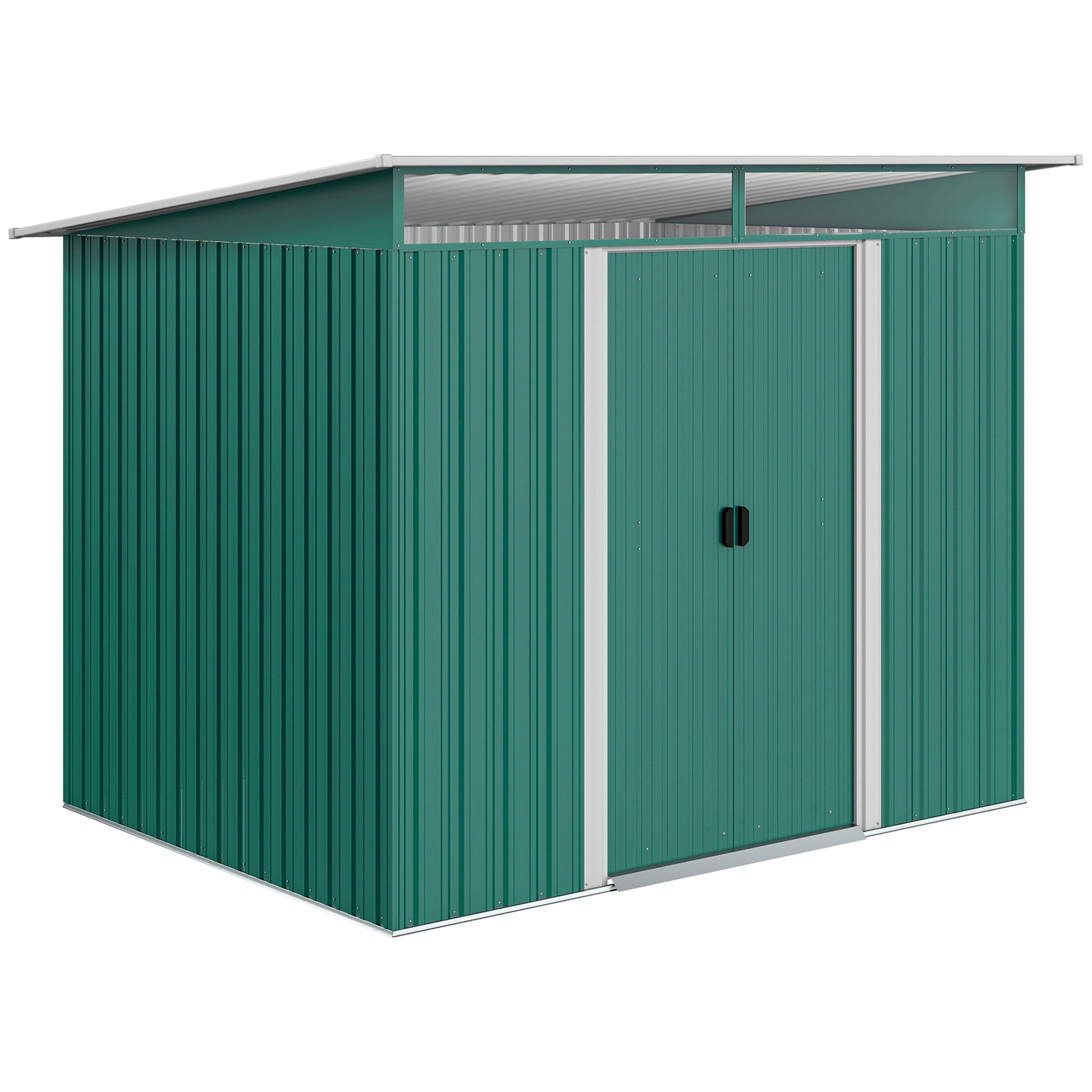 Outsunny Cobertizo de Jardín Exterior 4,5 m² 260x194x200 cm Caseta de Jardín Exterior Metálica con Paneles Frontales Transparentes y 2 Puertas Corredizas para Almacenamiento de Herramientas Verde