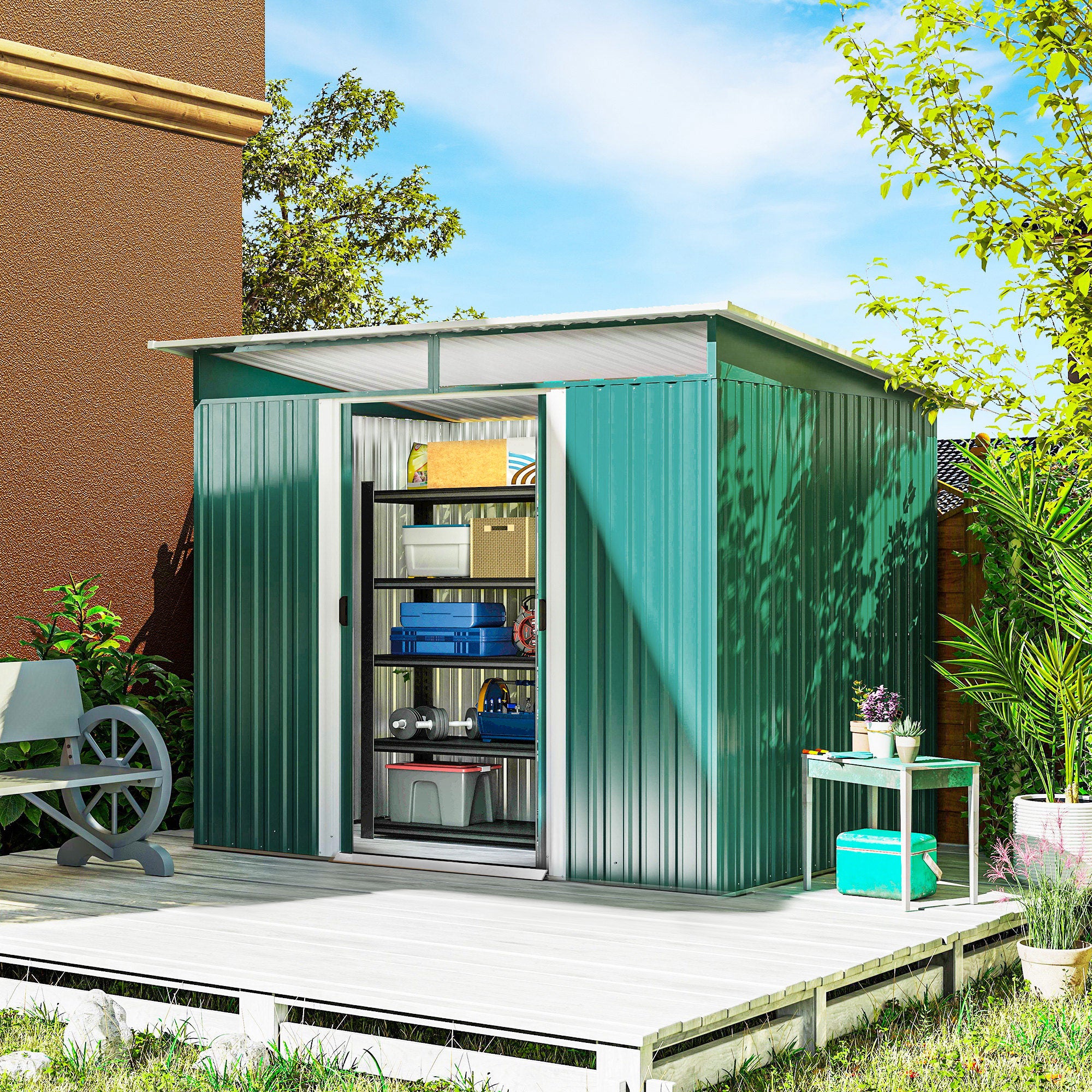 Outsunny Cobertizo de Jardín Exterior 4,5 m² 260x194x200 cm Caseta de Jardín Exterior Metálica con Paneles Frontales Transparentes y 2 Puertas Corredizas para Almacenamiento de Herramientas Verde