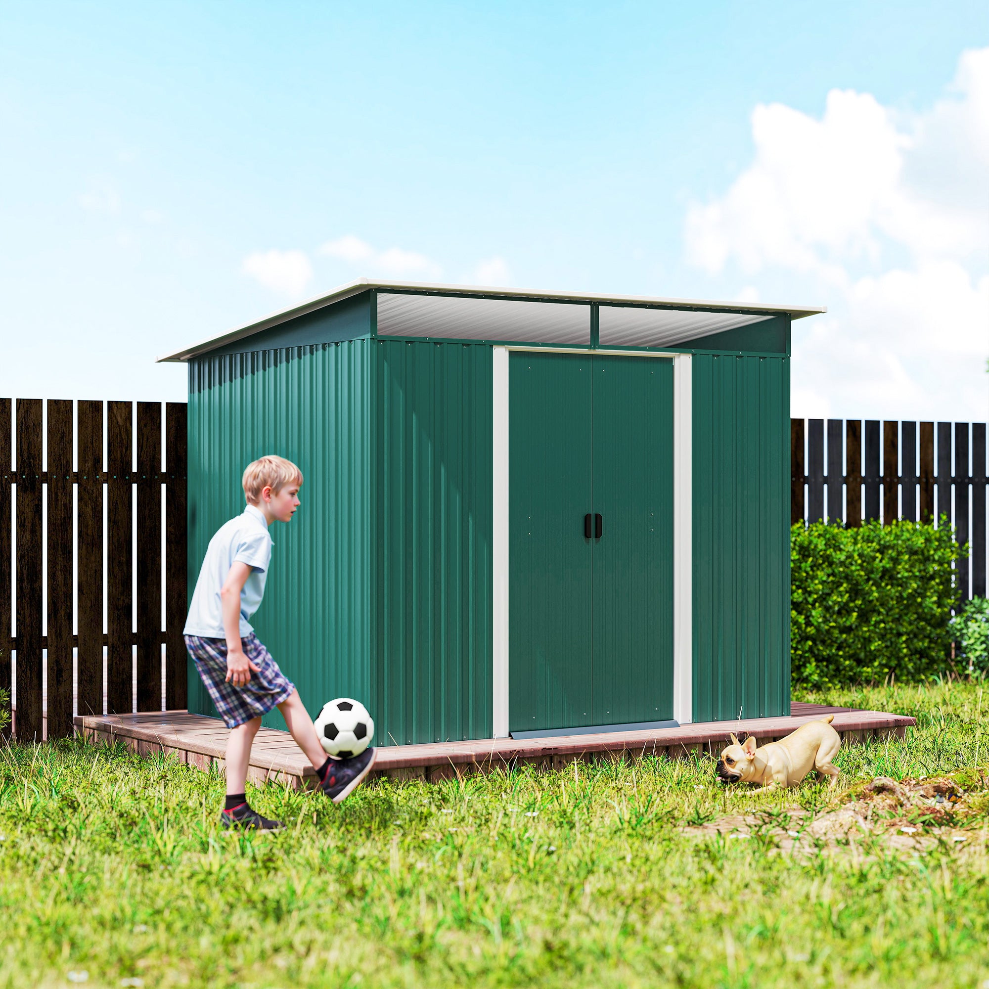 Outsunny Cobertizo de Jardín Exterior 4,5 m² 260x194x200 cm Caseta de Jardín Exterior Metálica con Paneles Frontales Transparentes y 2 Puertas Corredizas para Almacenamiento de Herramientas Verde