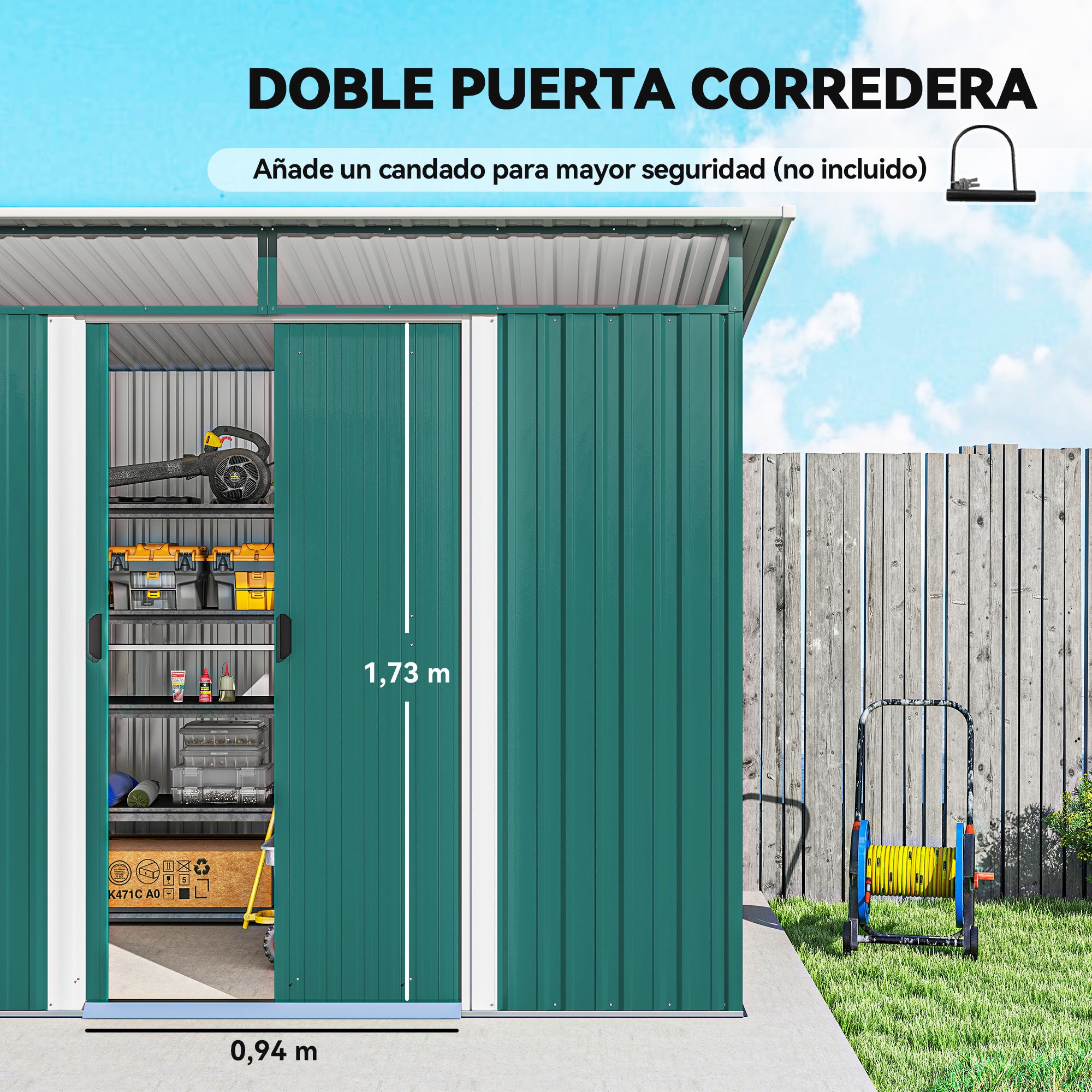 Outsunny Cobertizo de Jardín Exterior 4,5 m² 260x194x200 cm Caseta de Jardín Exterior Metálica con Paneles Frontales Transparentes y 2 Puertas Corredizas para Almacenamiento de Herramientas Verde