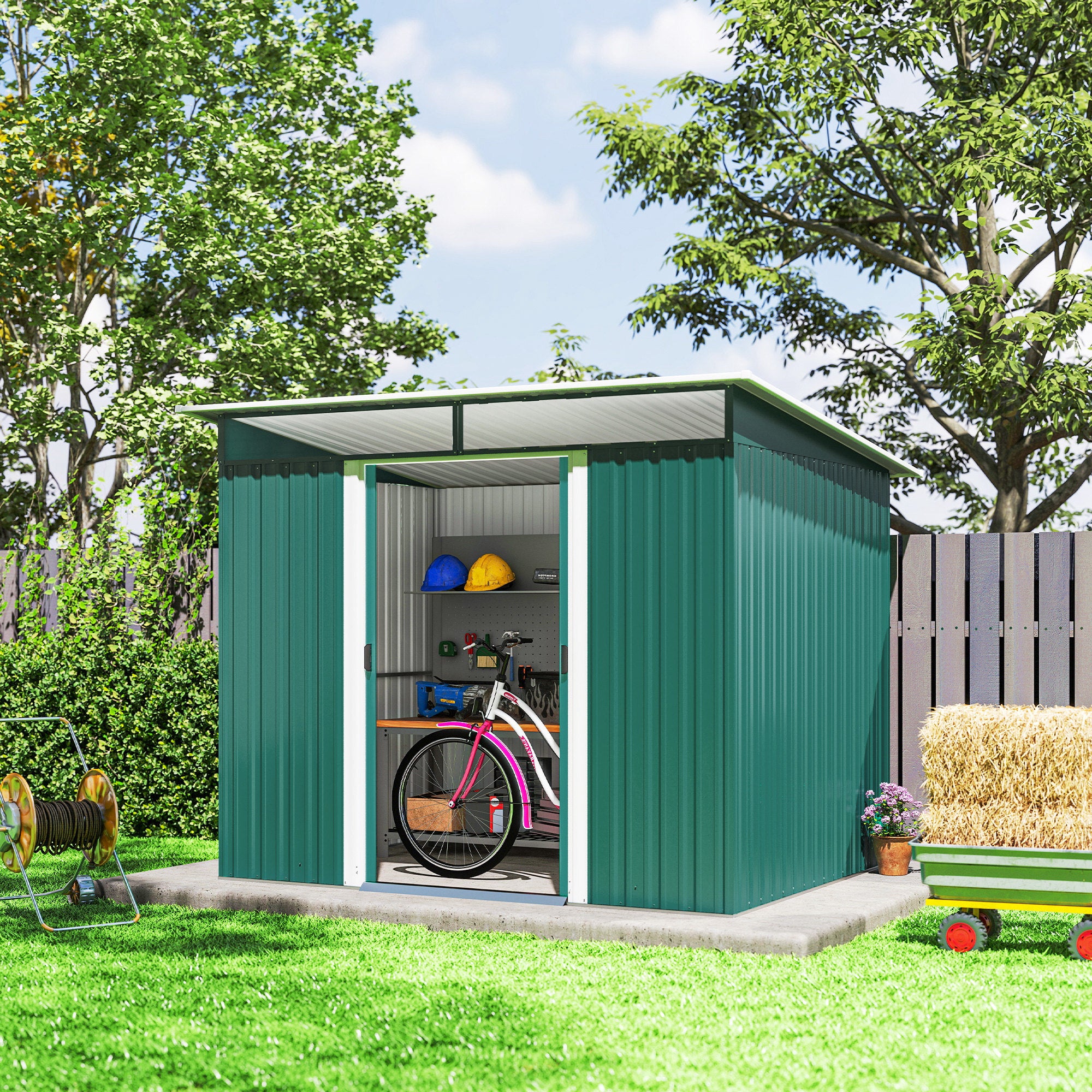 Outsunny Cobertizo de Jardín Exterior 4,5 m² 260x194x200 cm Caseta de Jardín Exterior Metálica con Paneles Frontales Transparentes y 2 Puertas Corredizas para Almacenamiento de Herramientas Verde