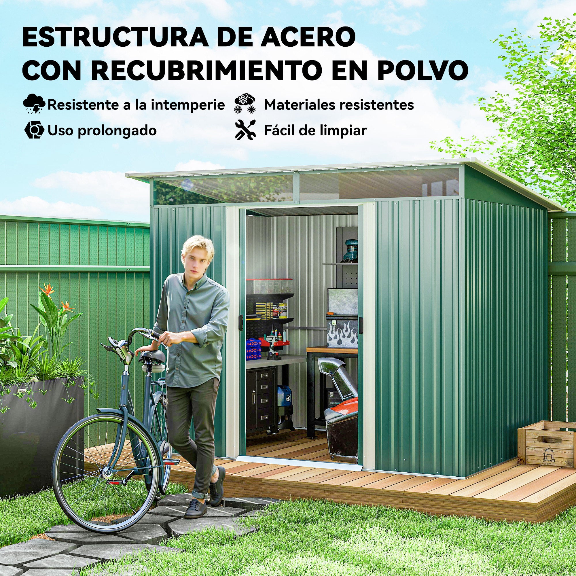 Outsunny Cobertizo de Jardín Exterior 4,5 m² 260x194x200 cm Caseta de Jardín Exterior Metálica con Paneles Frontales Transparentes y 2 Puertas Corredizas para Almacenamiento de Herramientas Verde