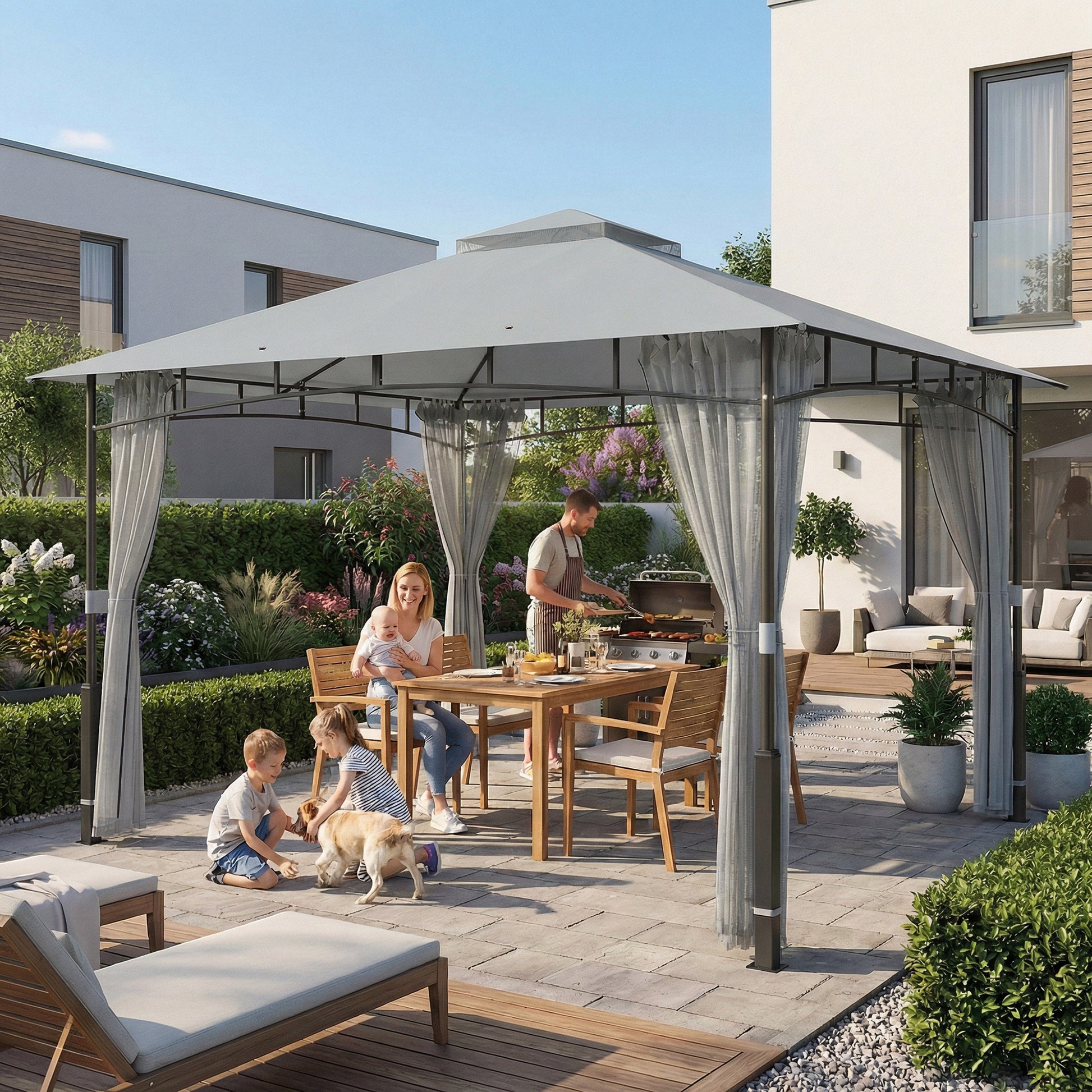 Outsunny Cenador para Jardín 3x3,6 m, Pabellón de Jardín Gazebo con Doble Techo, Paredes de Malla, UPF50+, Estructura de Metal, Carpa para Exterior, Terraza, Patio, Gris
