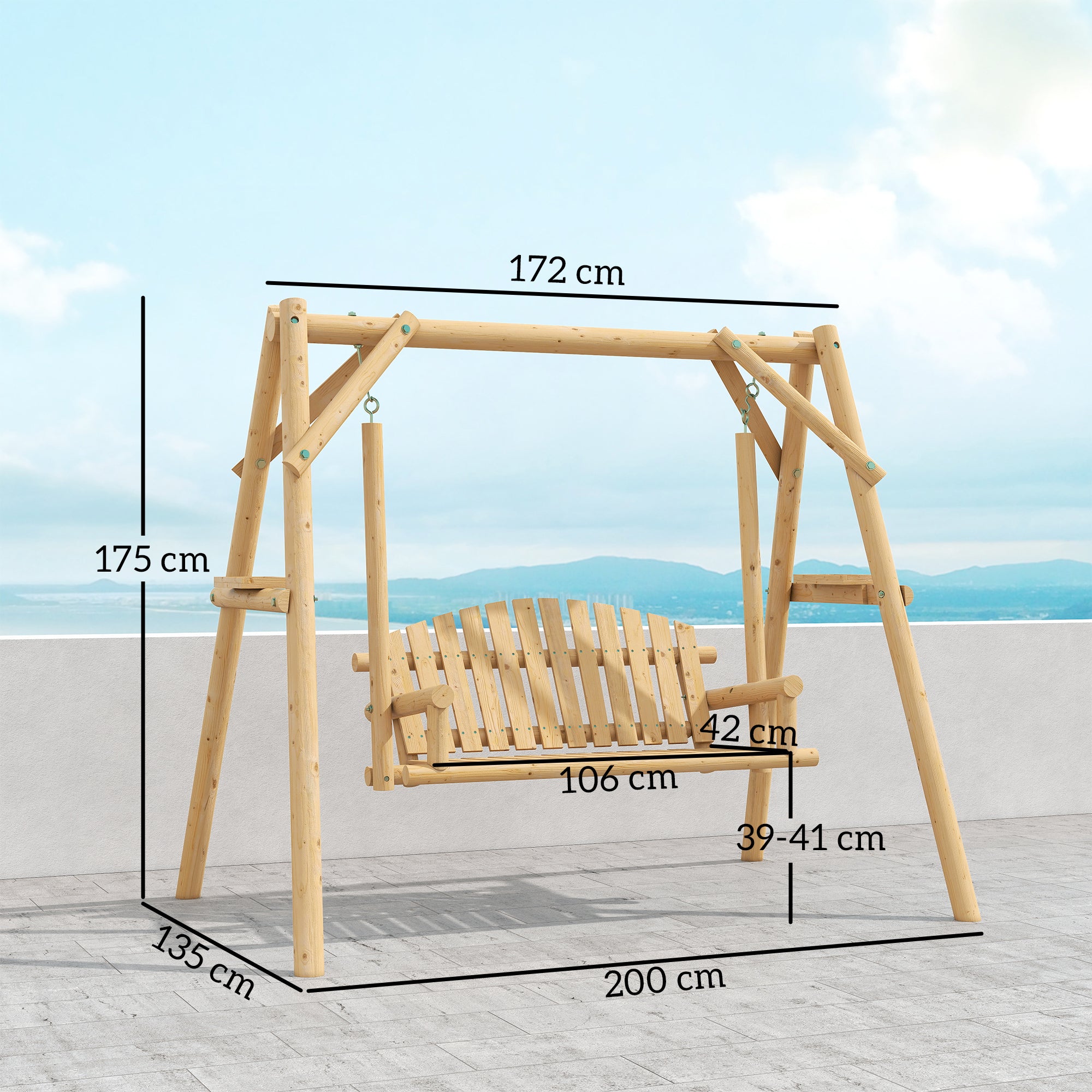 Outsunny Banco Columpio de Jardín de Madera de 2 Plazas Balancín de Jardín Exterior con Bandejas Laterales Reposabrazos y Estructura en A para Patio Porche Carga 240 kg 200x135x175 cm Natural