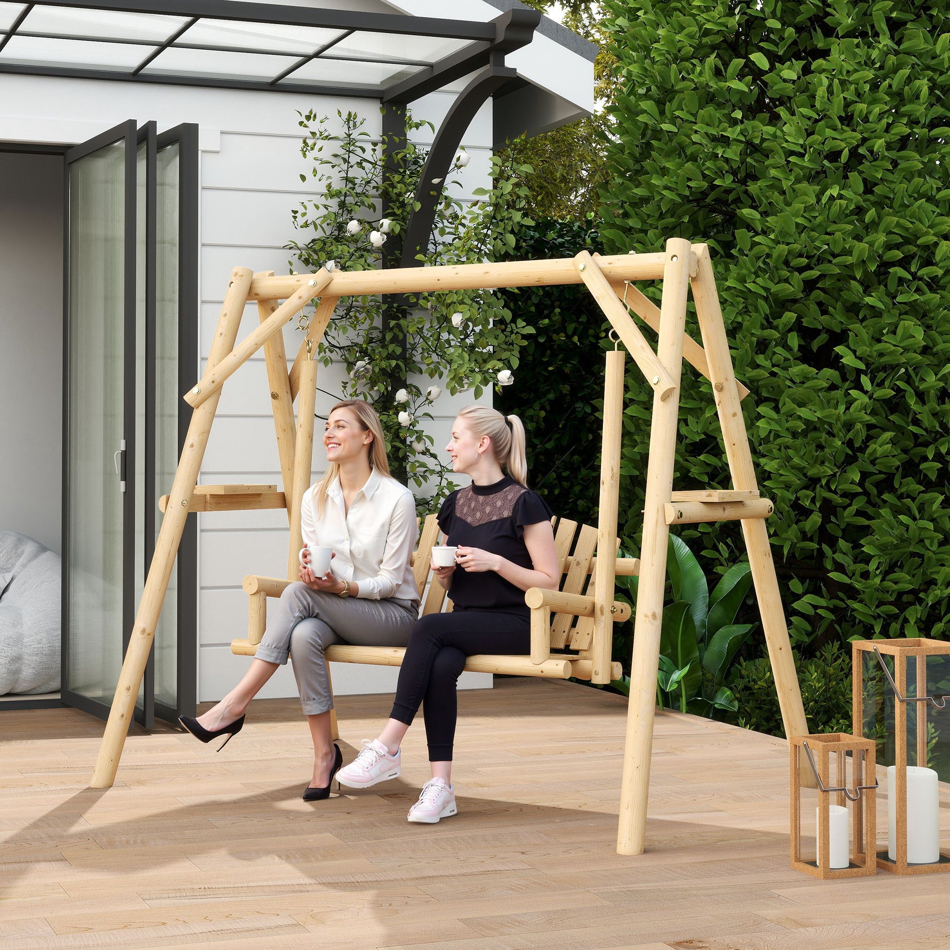 Outsunny Banco Columpio de Jardín de Madera de 2 Plazas Balancín de Jardín Exterior con Bandejas Laterales Reposabrazos y Estructura en A para Patio Porche Carga 240 kg 200x135x175 cm Natural