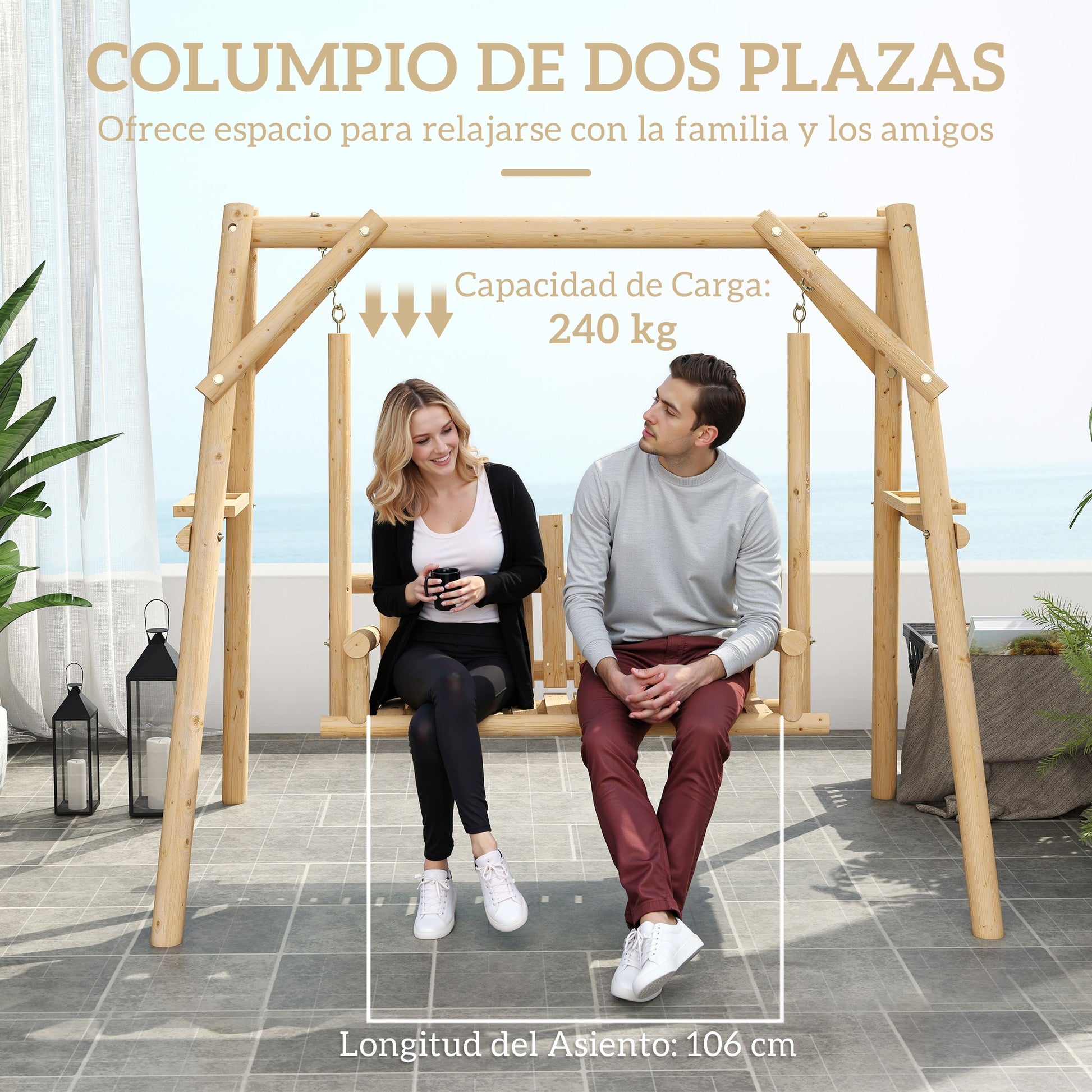 Outsunny Banco Columpio de Jardín de Madera de 2 Plazas Balancín de Jardín Exterior con Bandejas Laterales Reposabrazos y Estructura en A para Patio Porche Carga 240 kg 200x135x175 cm Natural