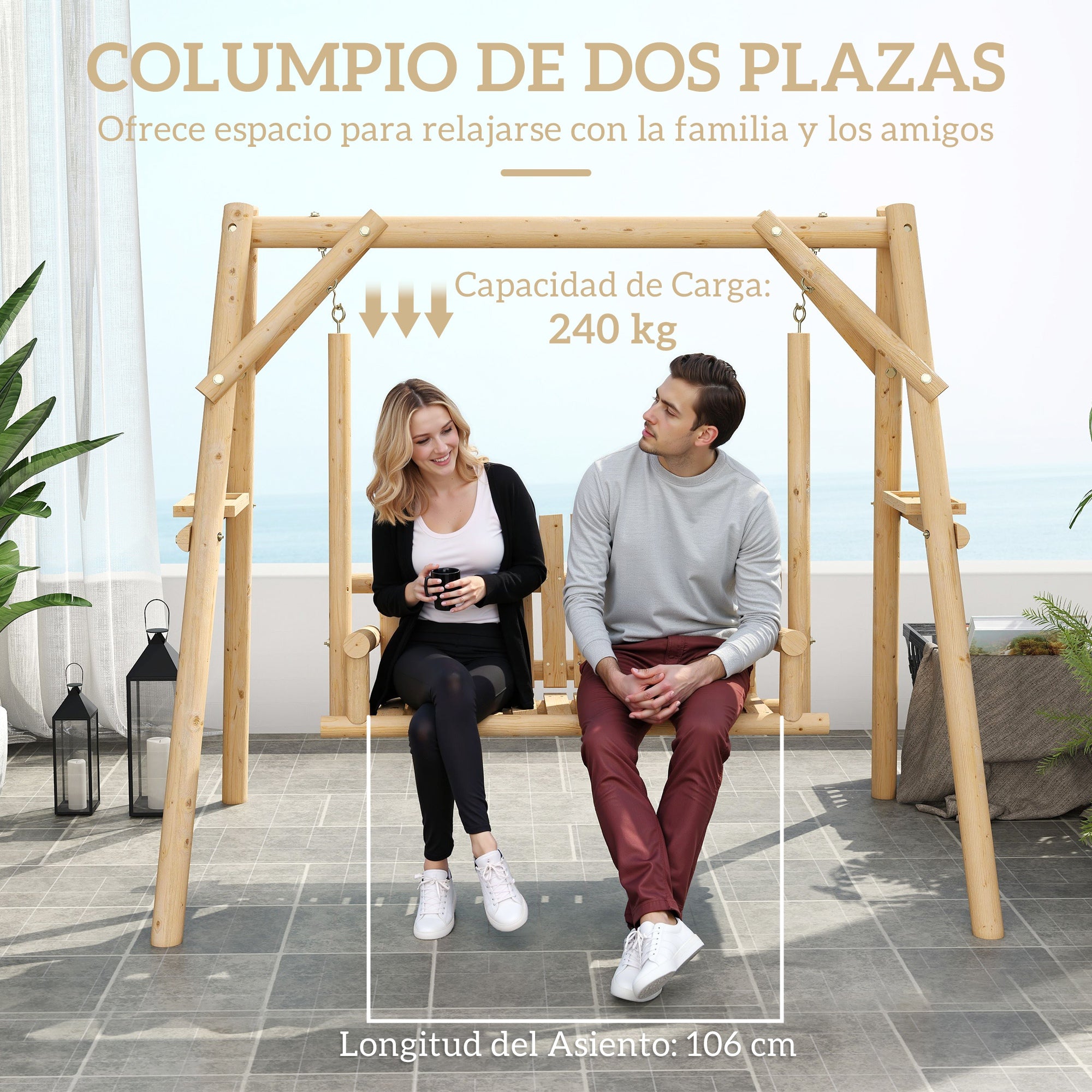 Outsunny Banco Columpio de Jardín de Madera de 2 Plazas Balancín de Jardín Exterior con Bandejas Laterales Reposabrazos y Estructura en A para Patio Porche Carga 240 kg 200x135x175 cm Natural