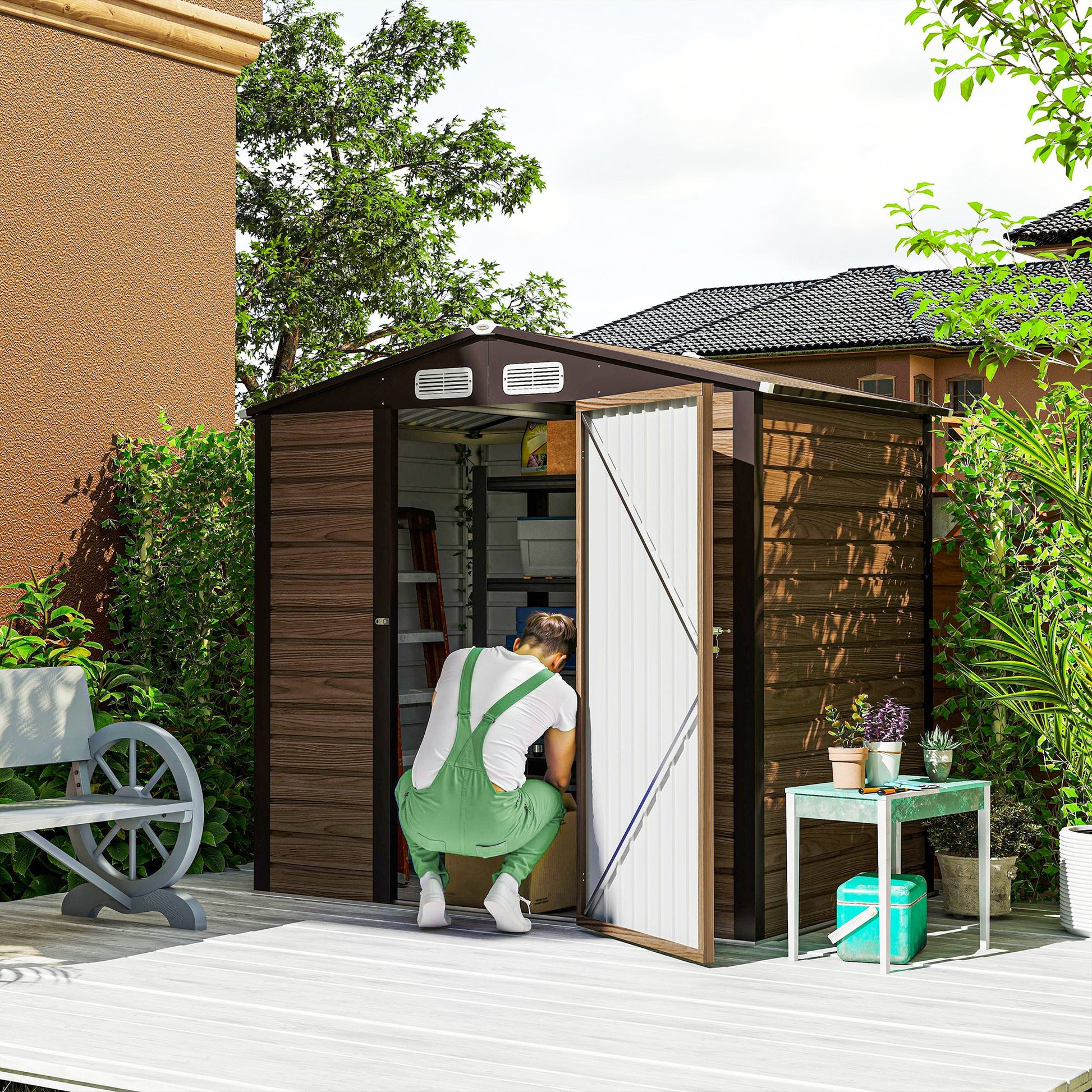 Outsunny Cobertizo de Jardín 190x131x188 cm Caseta Exterior Casa de Herramientas con 2 Ventanas de Ventilación y Puerta para Patio Terraza Balcón Roble