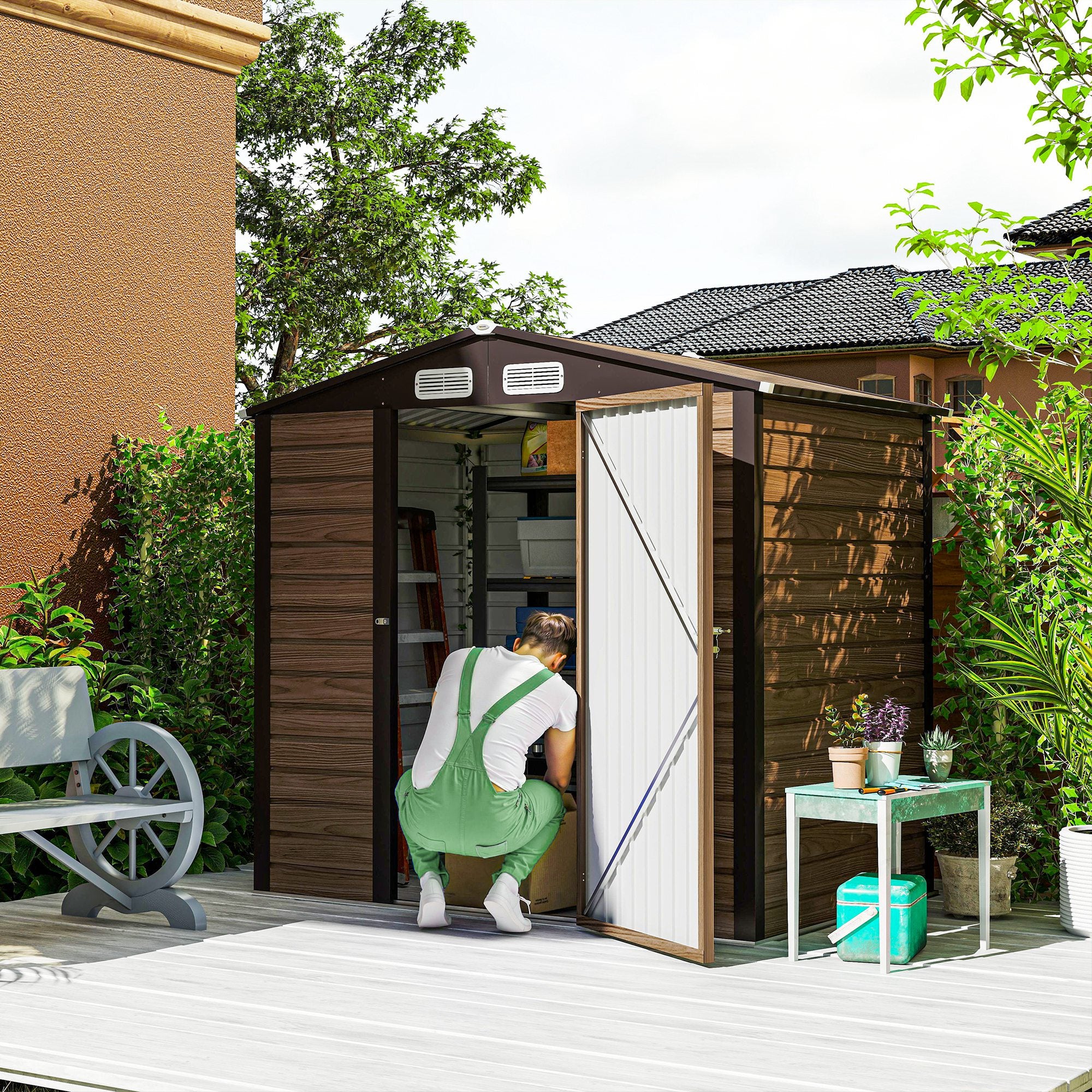 Outsunny Cobertizo de Jardín 190x131x188 cm Caseta Exterior Casa de Herramientas con 2 Ventanas de Ventilación y Puerta para Patio Terraza Balcón Roble