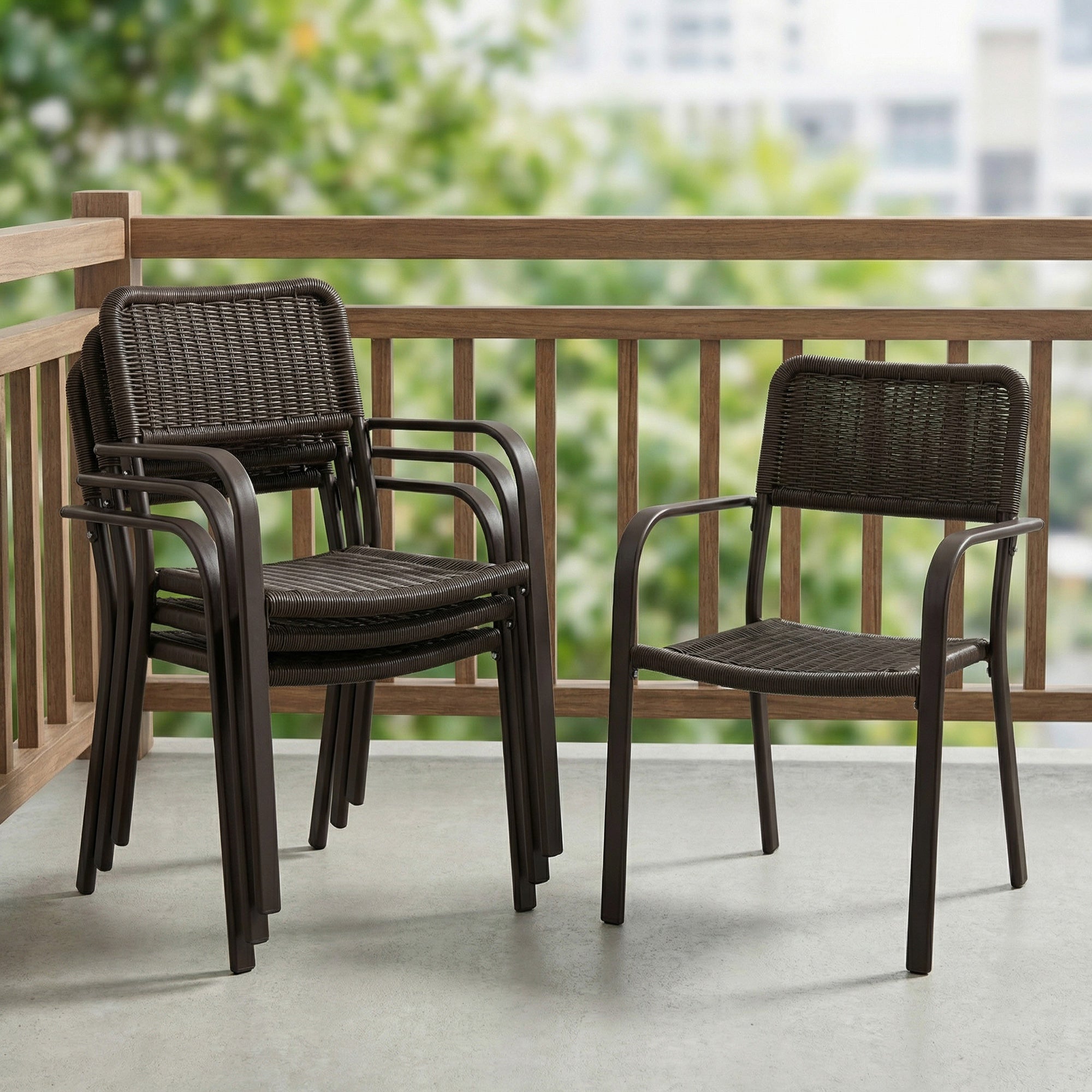 Outsunny Juego de 4 Sillas de Jardín Exterior Apilables, Sillas de Comedor Exterior Efecto Ratán, con Reposabrazos, Marco de Acero, Resistente a la Intemperie y Ligero, 55x60x83 cm, Marrón Oscuro