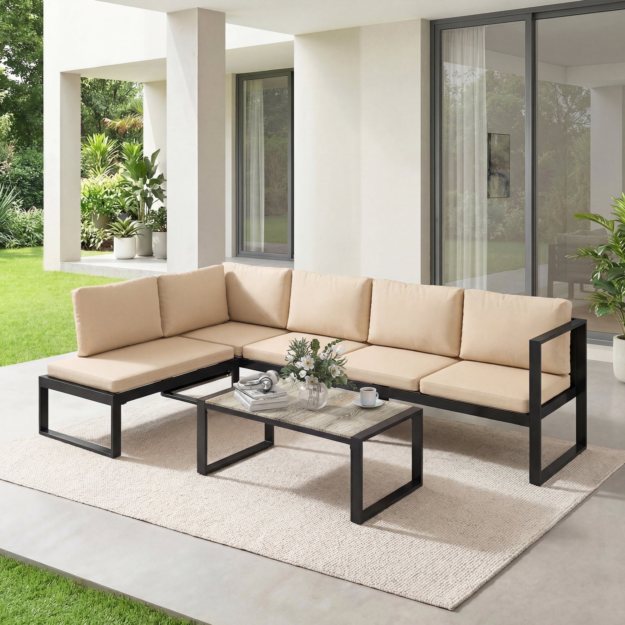Outsunny Conjunto de Jardín Exterior de 4 Piezas, Muebles Jardín Exterior con 2 Sofás de 2 Plazas, 1 Sillón sin Brazos y Mesa de Centro, Conjunto de Sofá con Estructura de Acero y Cojines, Caqui