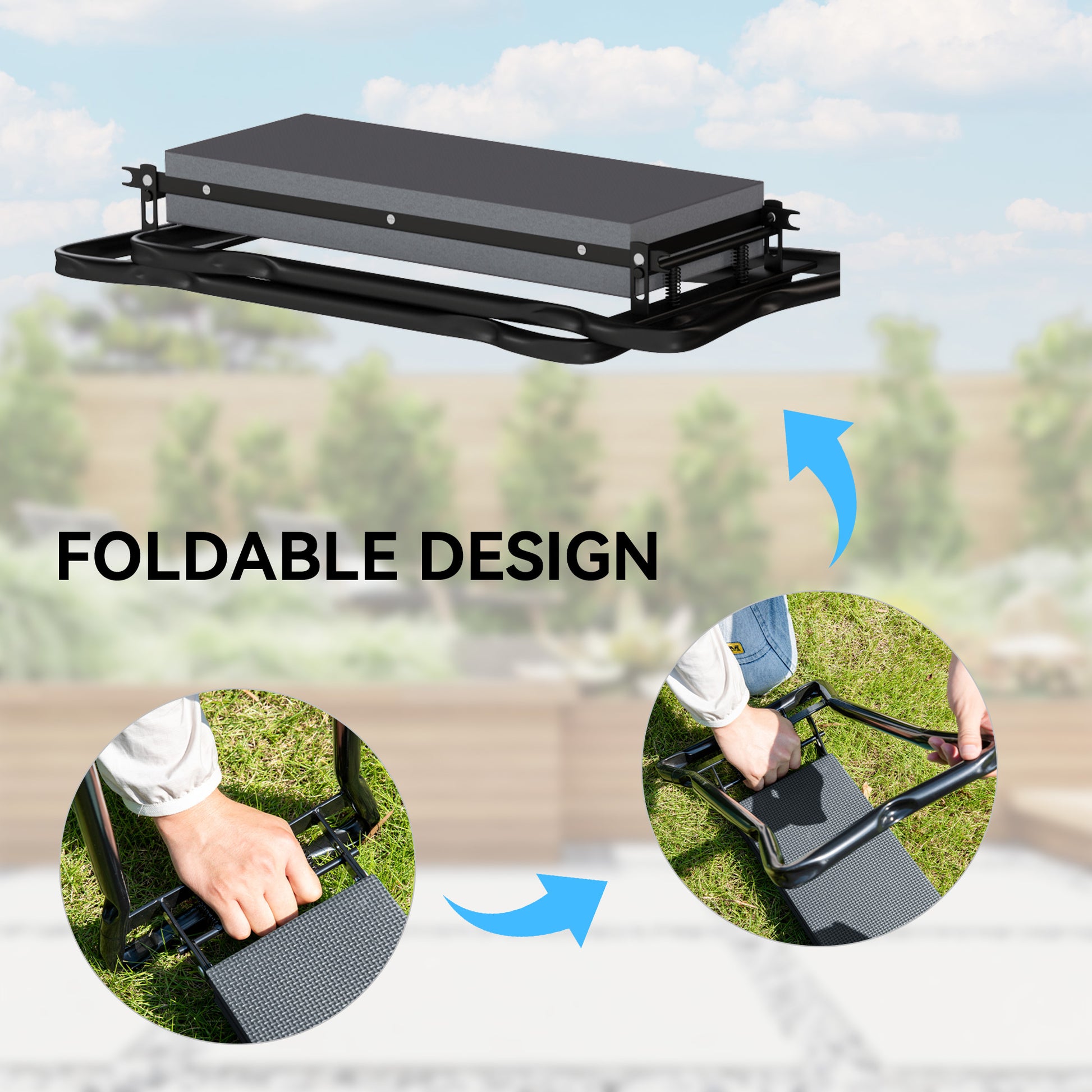 Outsunny Taburete de Jardín Plegable con Almohadilla de Espuma EVA, Asiento de Jardín Portátil con Bolsa para Herramientas en Cintura, Carga 150 kg, Regalo para Jardineros, Ancianos, Negro