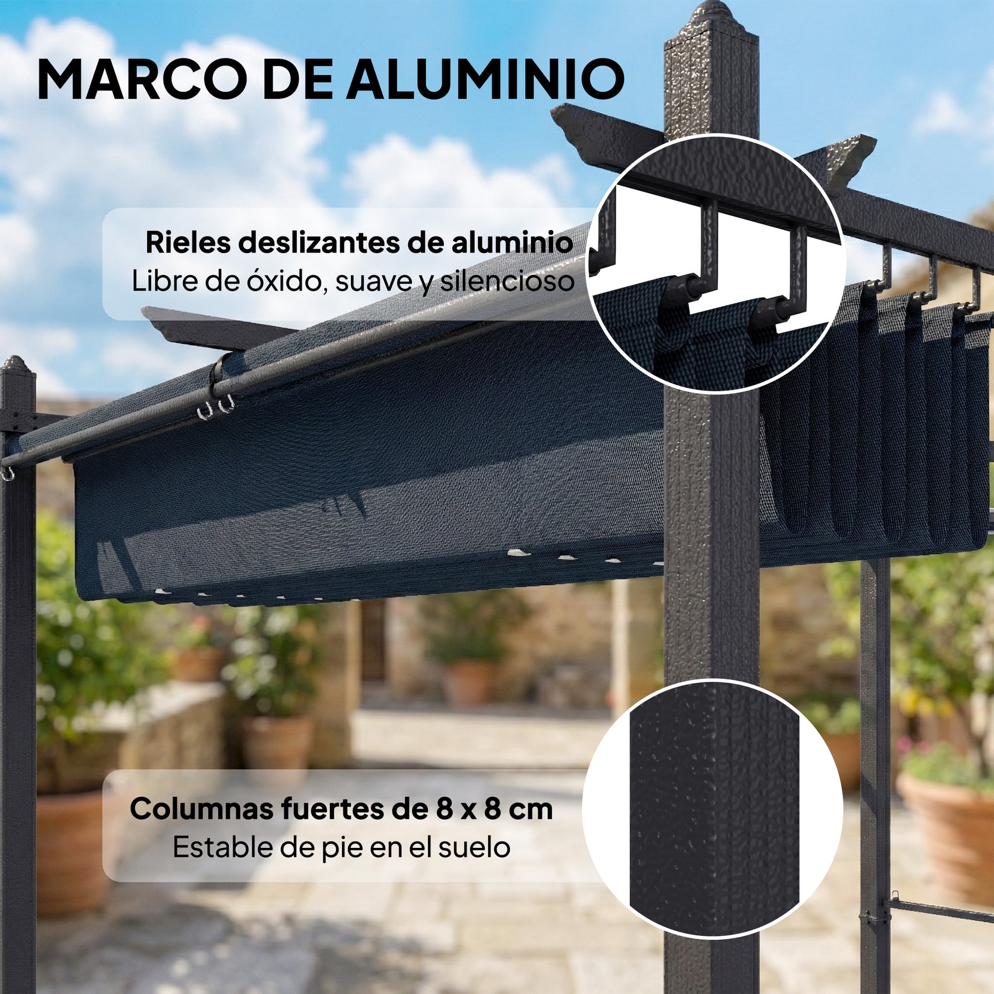 Outsunny Pérgola de Jardín 4x3 m con Techo Retráctil y 4 Cortinas Enrollables Automáticas, Cenador de Jardín con Protección UV50+, Estructura de Aluminio, Drenaje, Pabellón para Exterior, Gris Oscuro