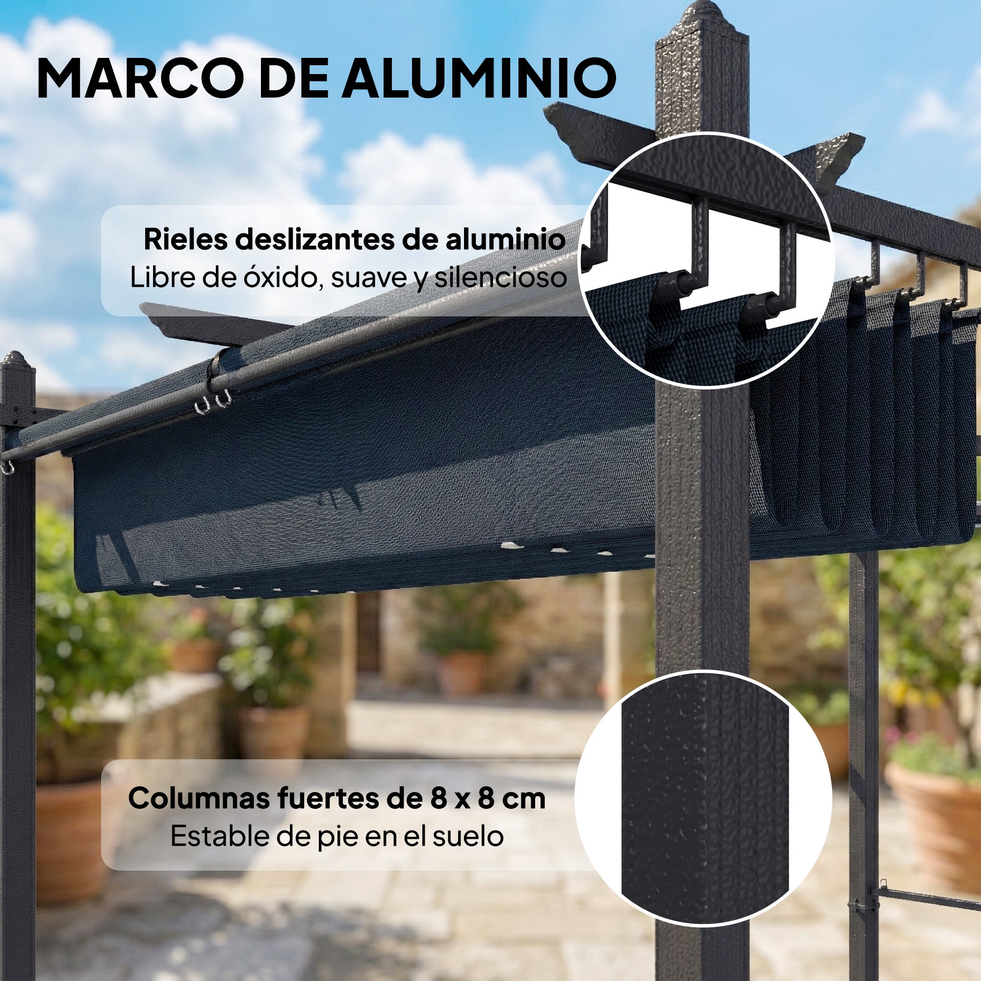 Outsunny Pérgola de Jardín 4x3 m con Techo Retráctil y 4 Cortinas Enrollables Automáticas, Cenador de Jardín con Protección UV50+, Estructura de Aluminio, Drenaje, Pabellón para Exterior, Gris Oscuro