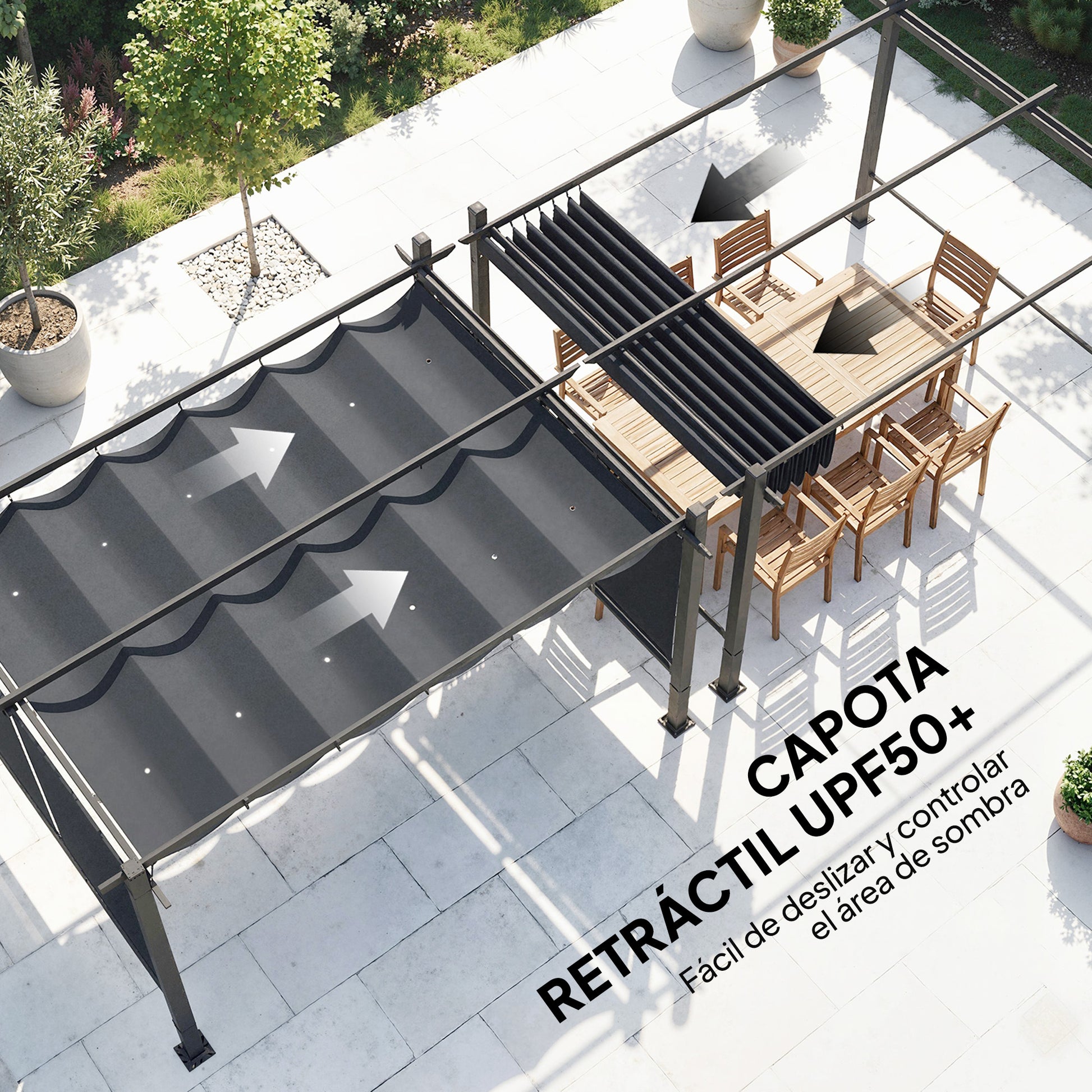 Outsunny Pérgola de Jardín 4x3 m con Techo Retráctil y 4 Cortinas Enrollables Automáticas, Cenador de Jardín con Protección UV50+, Estructura de Aluminio, Drenaje, Pabellón para Exterior, Gris Oscuro