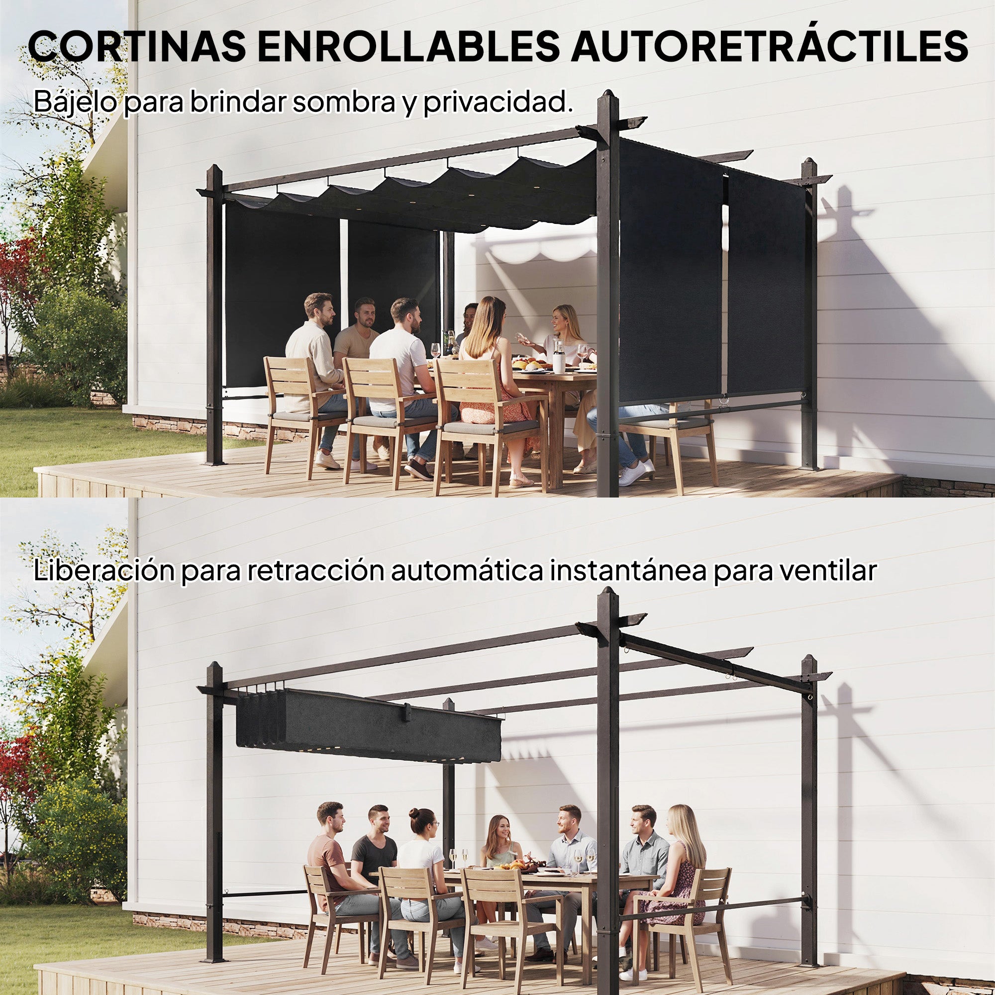 Outsunny Pérgola de Jardín 4x3 m con Techo Retráctil y 4 Cortinas Enrollables Automáticas, Cenador de Jardín con Protección UV50+, Estructura de Aluminio, Drenaje, Pabellón para Exterior, Gris Oscuro