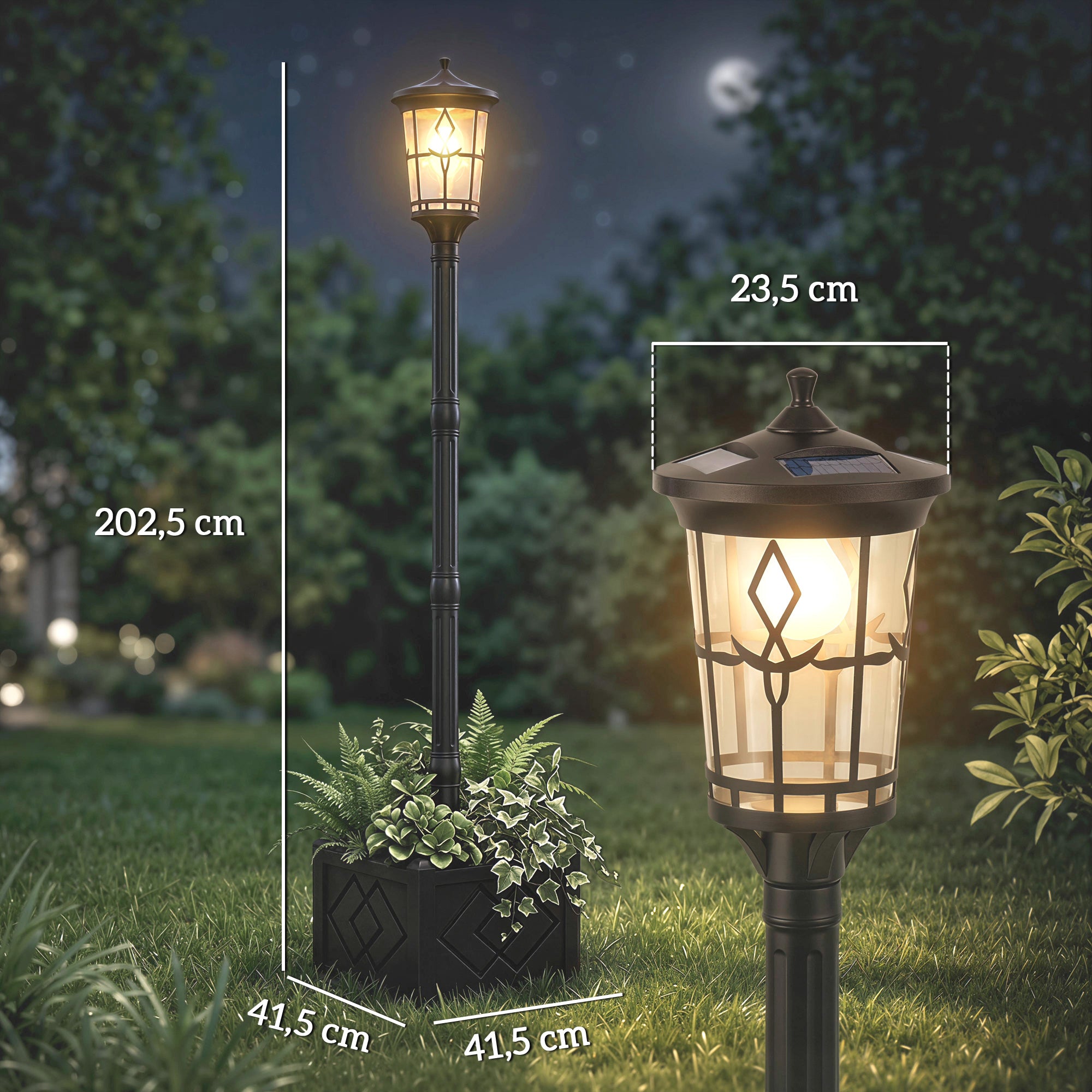 Outsunny Farola Solar Exterior de Jardín con Macetero, Luz Solar de Exterior LED, 2 Modos de Brillo 100/50 lm, Impermeable IP44, Encendido/Apagado Automático, para Terraza, Patio, 41,5x41,5x202,5 cm
