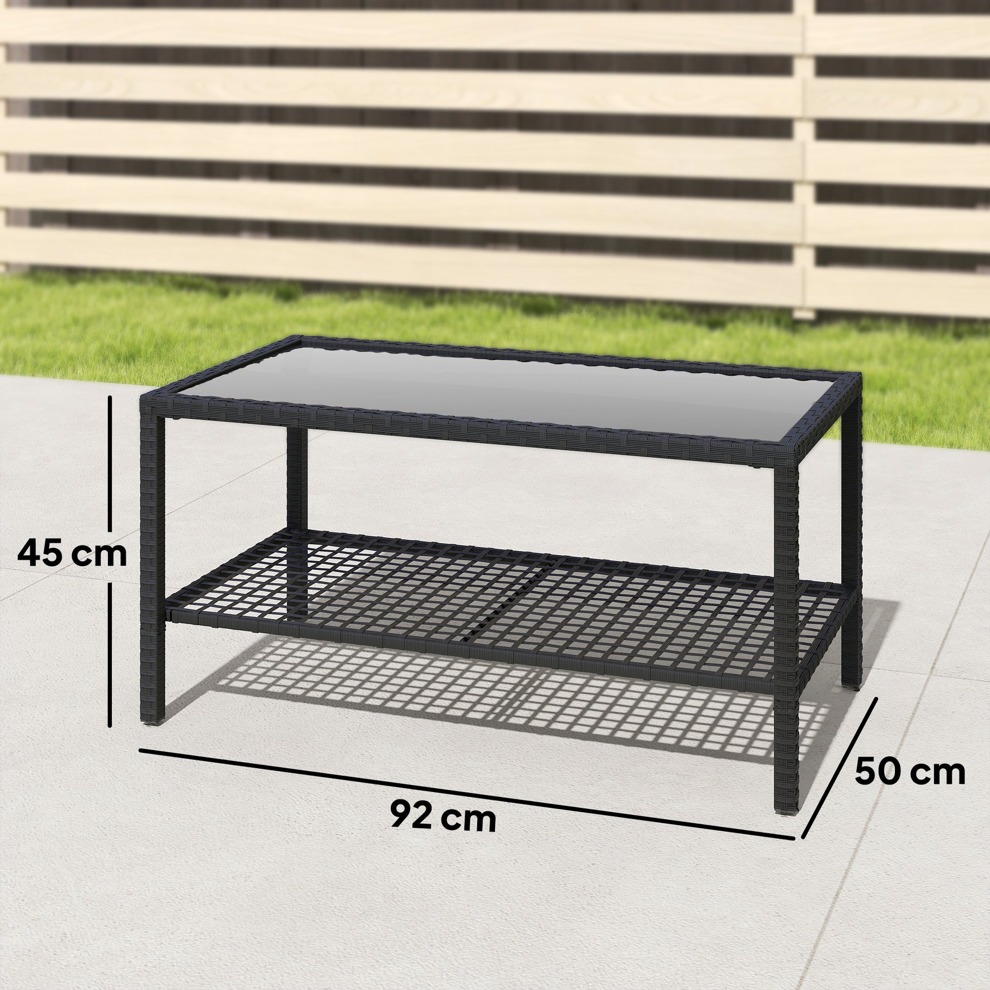 Outsunny Mesa de Jardín de Ratán, Mesita Auxiliar con Estante, Tablero de Vidrio Templado, Estructura de Acero, para Terraza, Patio, Balcón, 92x50x45 cm, Negro