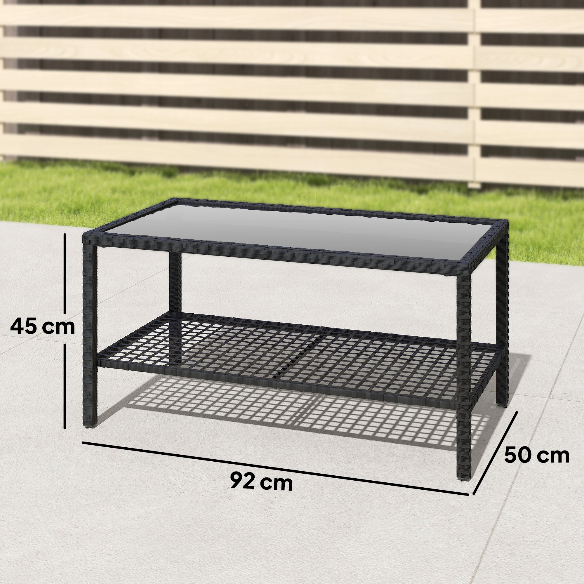 Outsunny Mesa de Jardín de Ratán, Mesita Auxiliar con Estante, Tablero de Vidrio Templado, Estructura de Acero, para Terraza, Patio, Balcón, 92x50x45 cm, Negro
