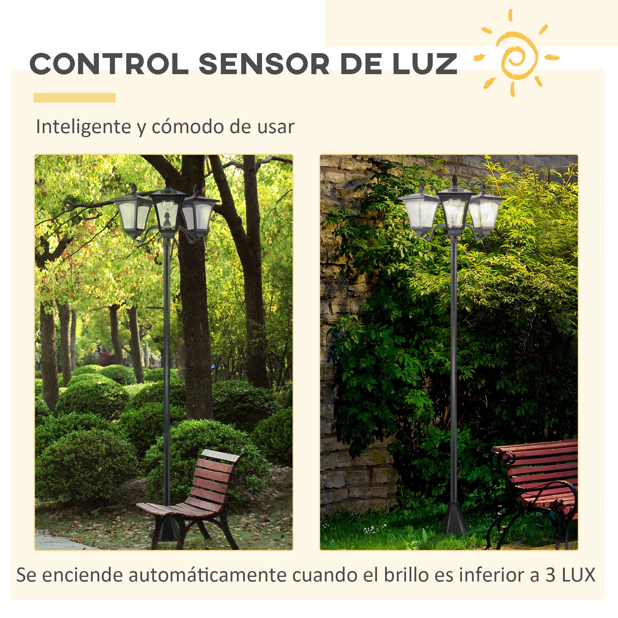 Outsunny Conjunto de 2 Farolas Solares de Exterior Luces Solares de Pie con 3 Luces LED Impermeable IP44 para Camino Terraza Patio 51,5x47x182,5 cm Negro