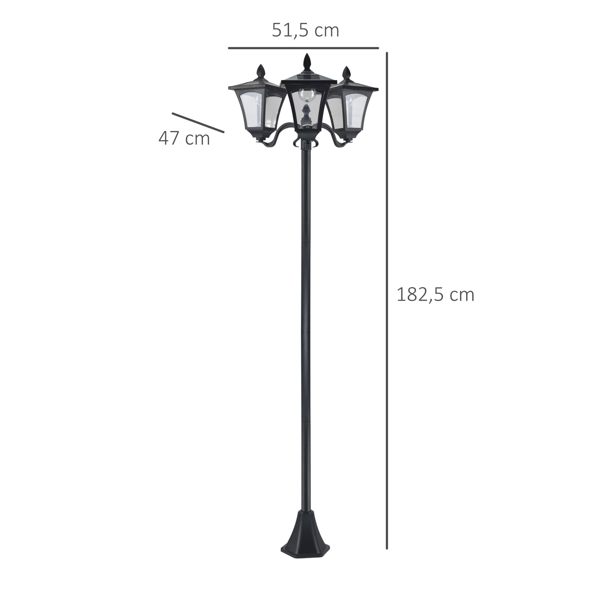 Outsunny Conjunto de 2 Farolas Solares de Exterior Luces Solares de Pie con 3 Luces LED Impermeable IP44 para Camino Terraza Patio 51,5x47x182,5 cm Negro