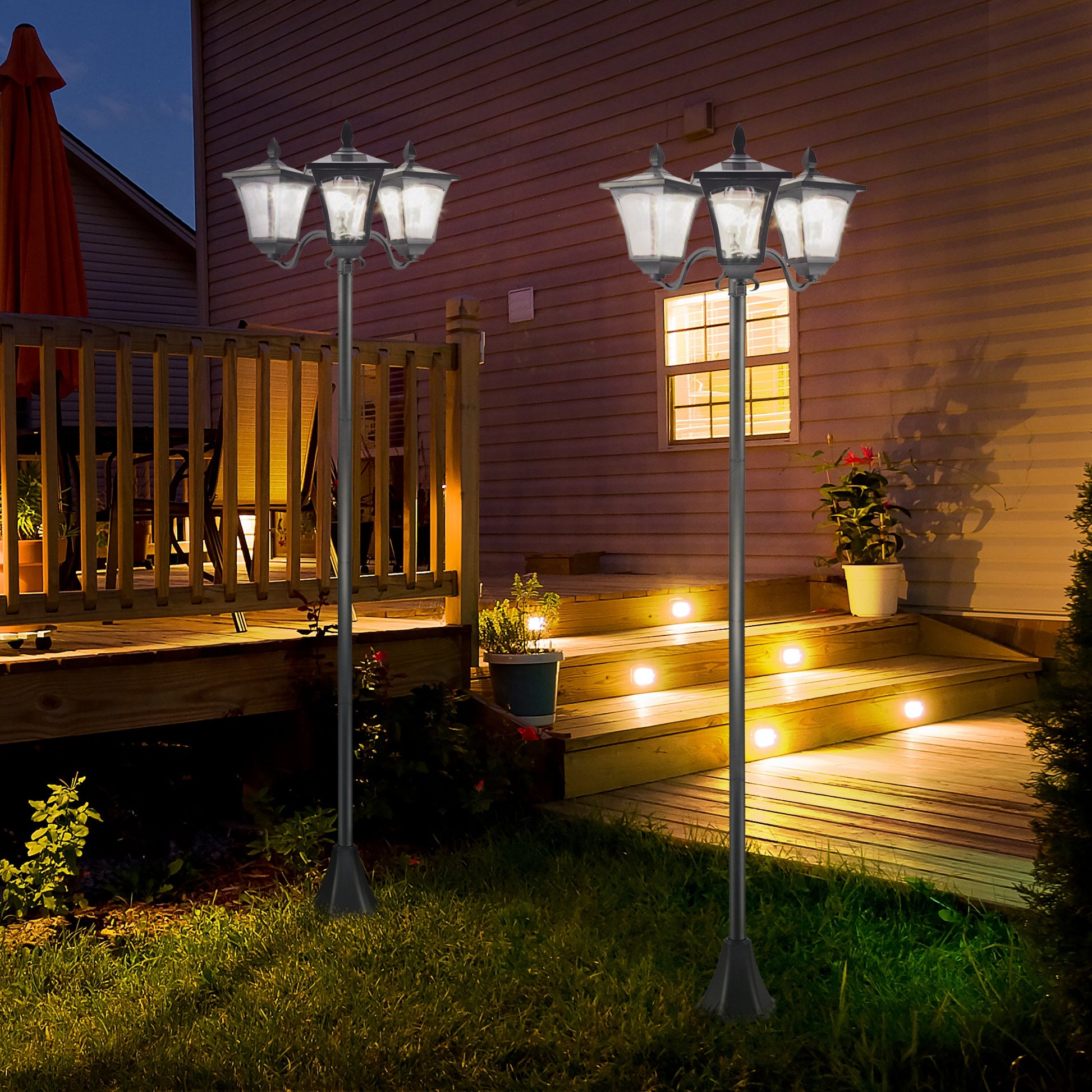 Outsunny Conjunto de 2 Farolas Solares de Exterior Luces Solares de Pie con 3 Luces LED Impermeable IP44 para Camino Terraza Patio 51,5x47x182,5 cm Negro