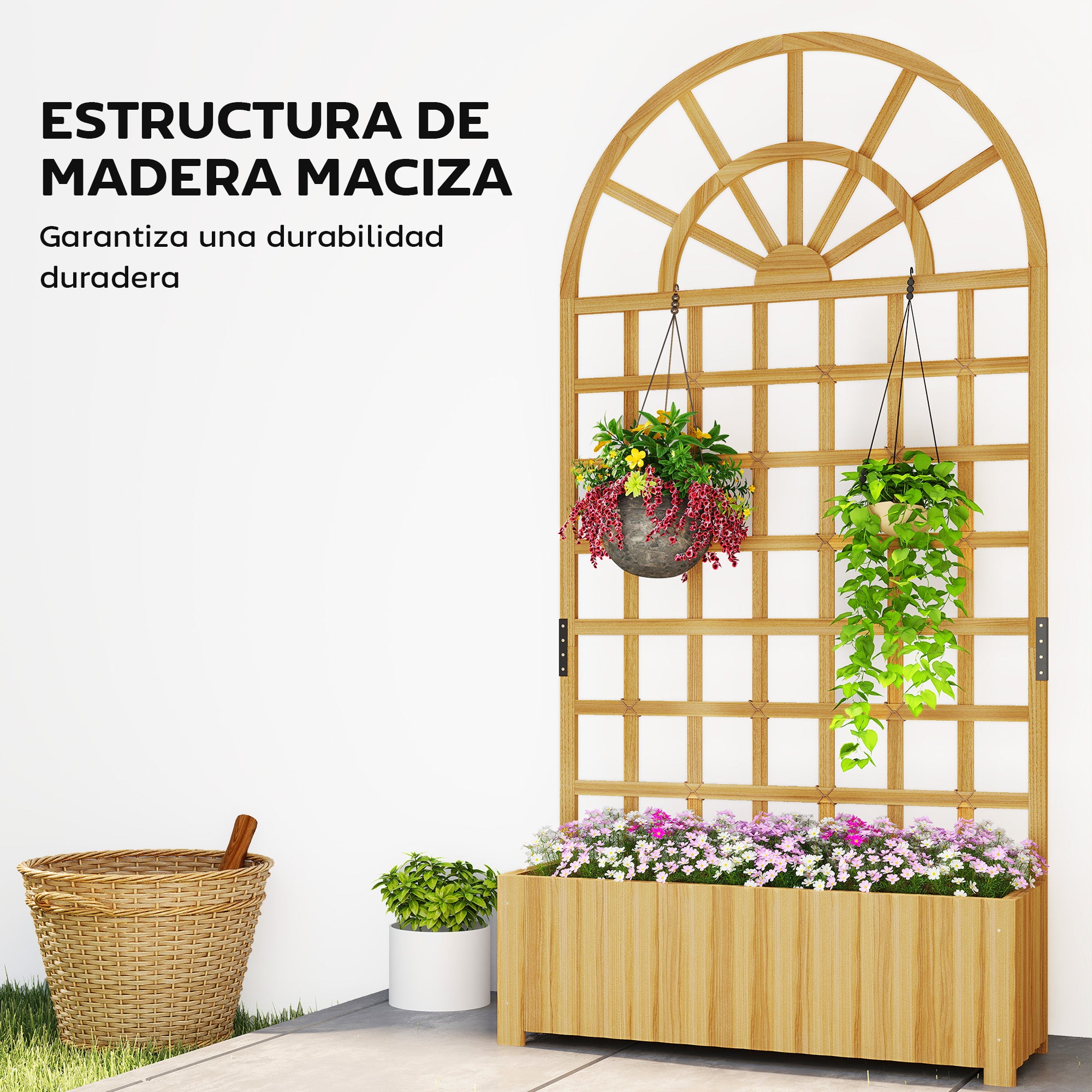 Outsunny Jardinera con Enrejado de Madera, Jardinera Exterior Grande para Plantas Trepadoras, con Ofricios de Drenaje, Macetero Elevado para Jardín, Patio, Terraza, 90x30x180 cm, Natural