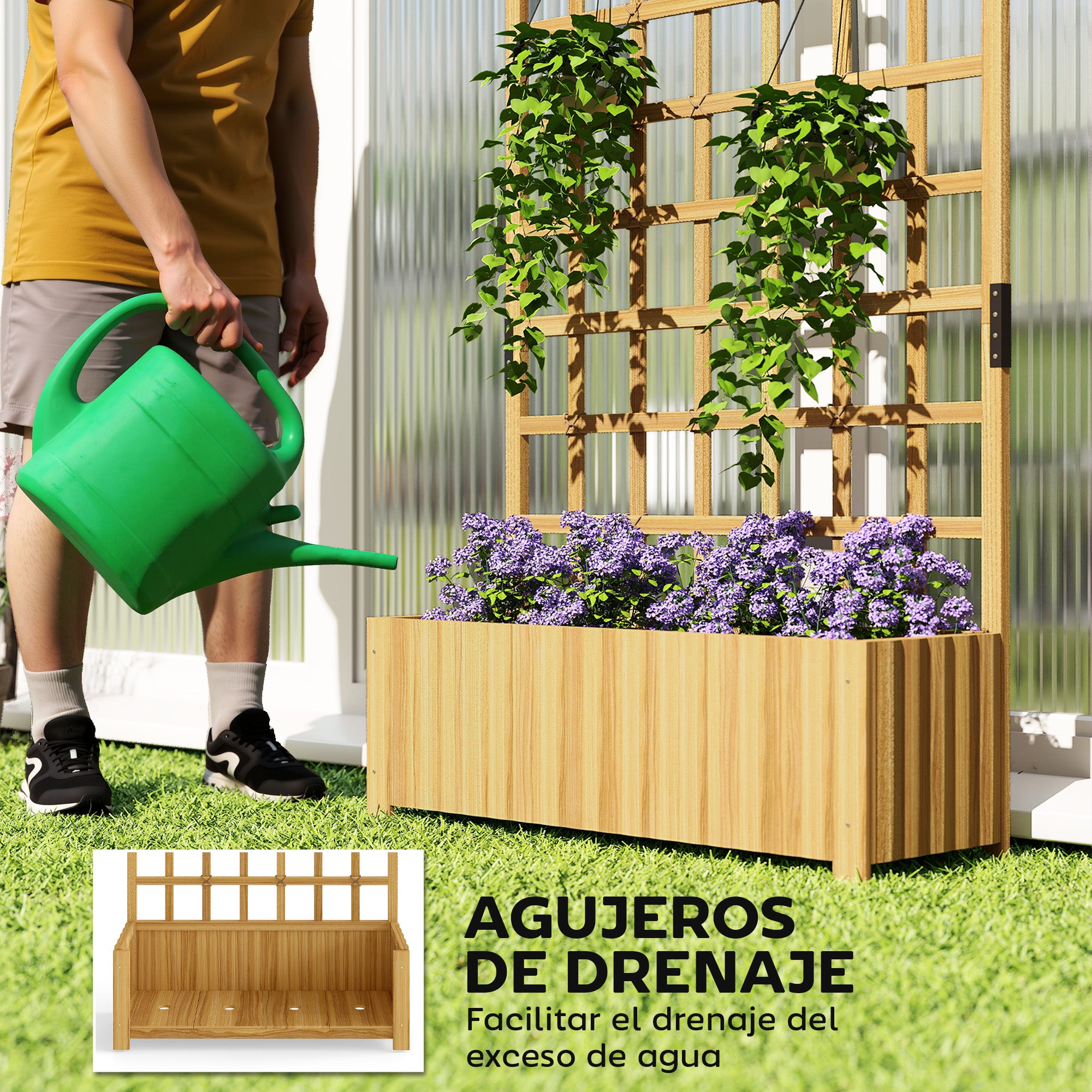 Outsunny Jardinera con Enrejado de Madera, Jardinera Exterior Grande para Plantas Trepadoras, con Ofricios de Drenaje, Macetero Elevado para Jardín, Patio, Terraza, 90x30x180 cm, Natural