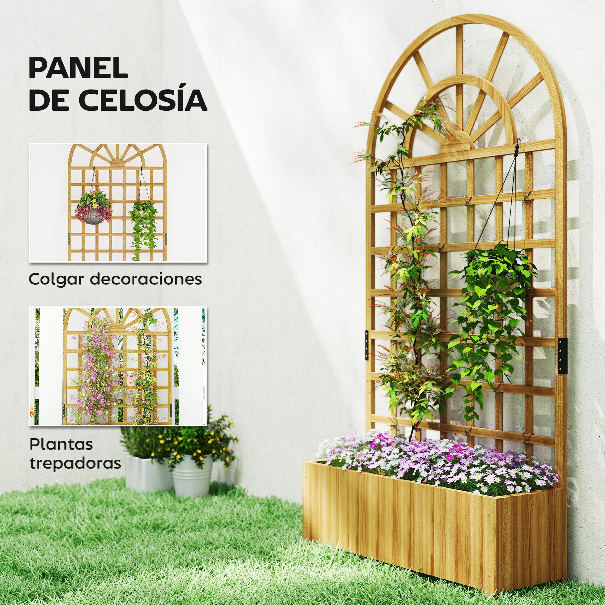 Outsunny Jardinera con Enrejado de Madera, Jardinera Exterior Grande para Plantas Trepadoras, con Ofricios de Drenaje, Macetero Elevado para Jardín, Patio, Terraza, 90x30x180 cm, Natural