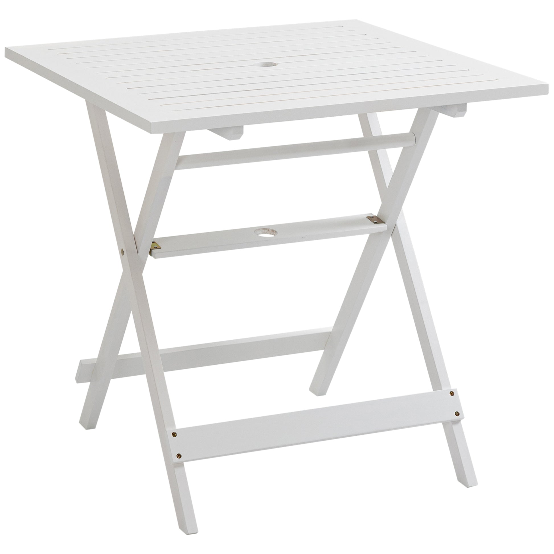 Outsunny Mesa de Jardín Plegable Mesa de Exterior de Madera 70x70x70 cm con Agujero para Sombrilla para Camping Viaje Pícnic Terraza Balcón Blanco