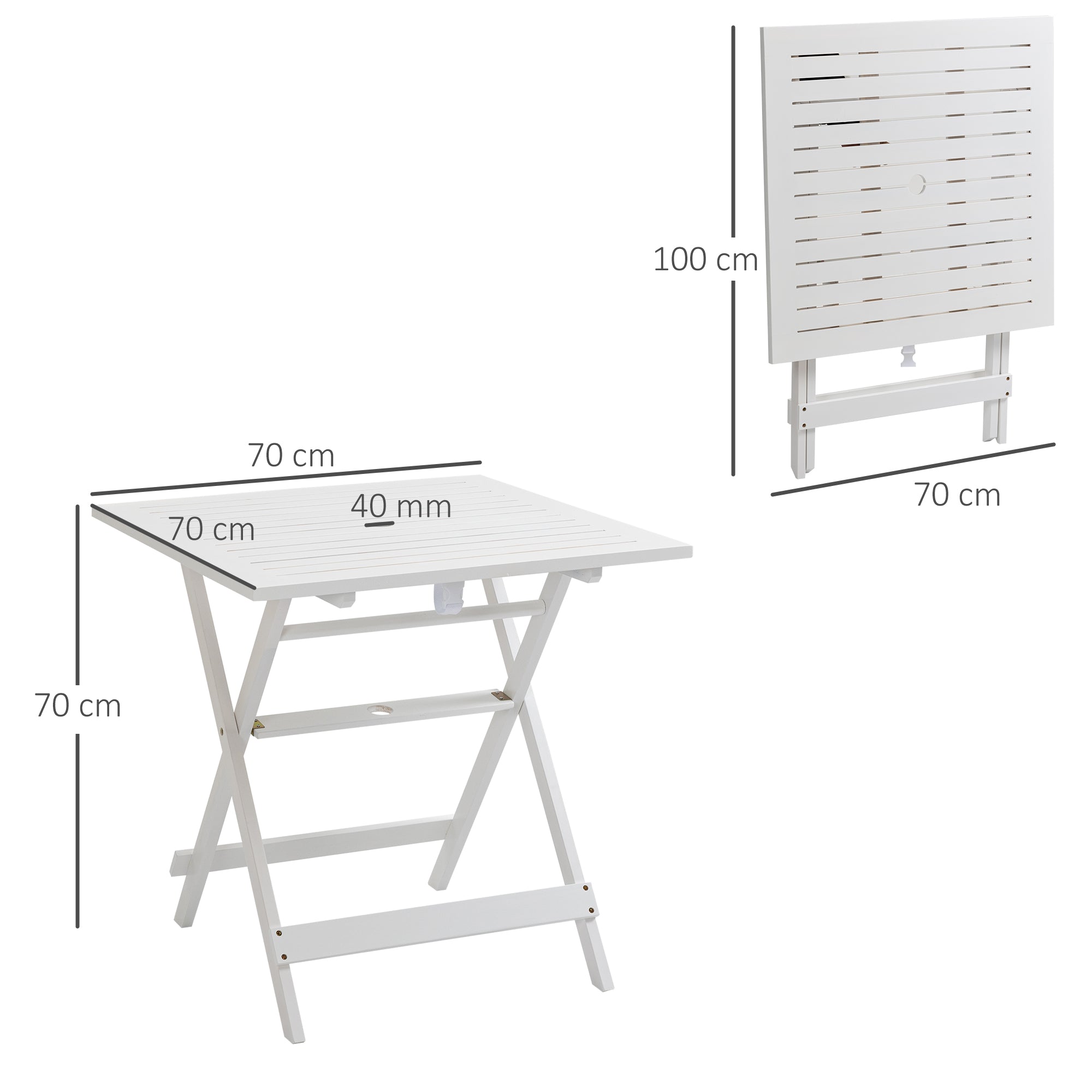 Outsunny Mesa de Jardín Plegable Mesa de Exterior de Madera 70x70x70 cm con Agujero para Sombrilla para Camping Viaje Pícnic Terraza Balcón Blanco
