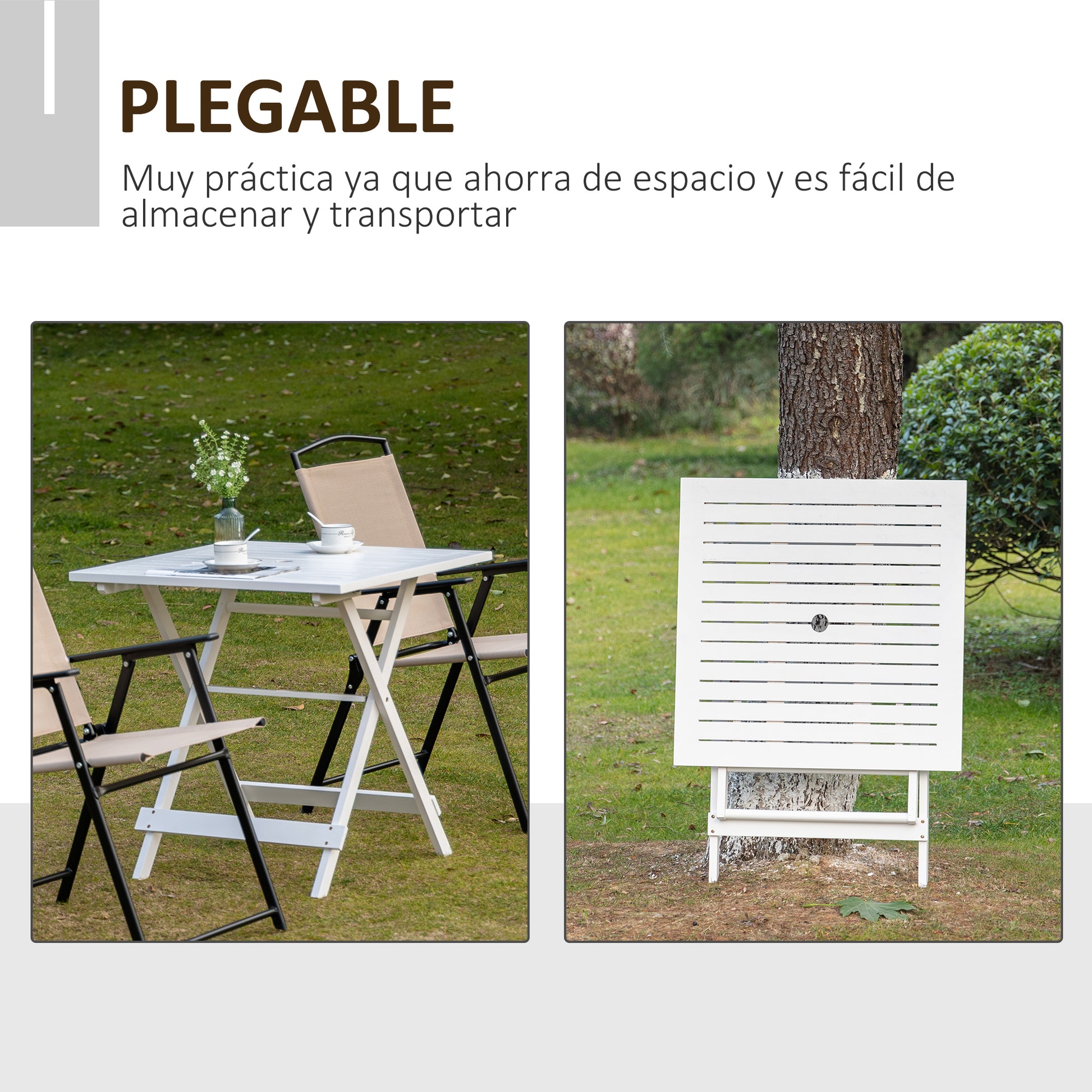 Outsunny Mesa de Jardín Plegable Mesa de Exterior de Madera 70x70x70 cm con Agujero para Sombrilla para Camping Viaje Pícnic Terraza Balcón Blanco