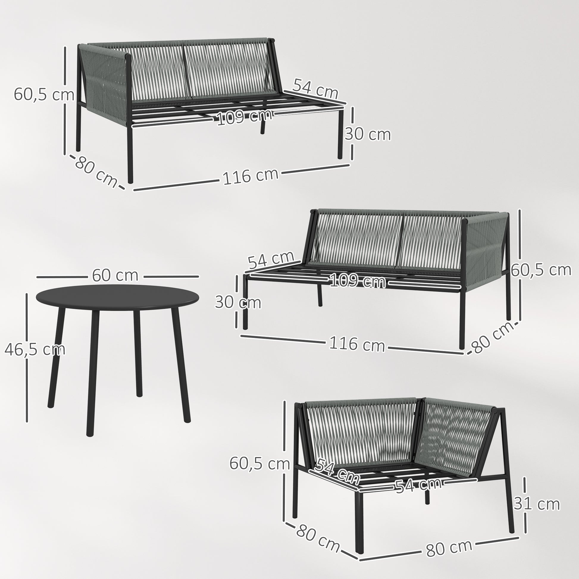Outsunny Conjunto Jardín Exterior de Ratán con Cojines Conjunto Terraza Resistente a la Intemperie Muebles Jardín Exterior con 2 Sofás de 2 Plazas Sofá Esquina Mesa Redonda Gris Oscuro