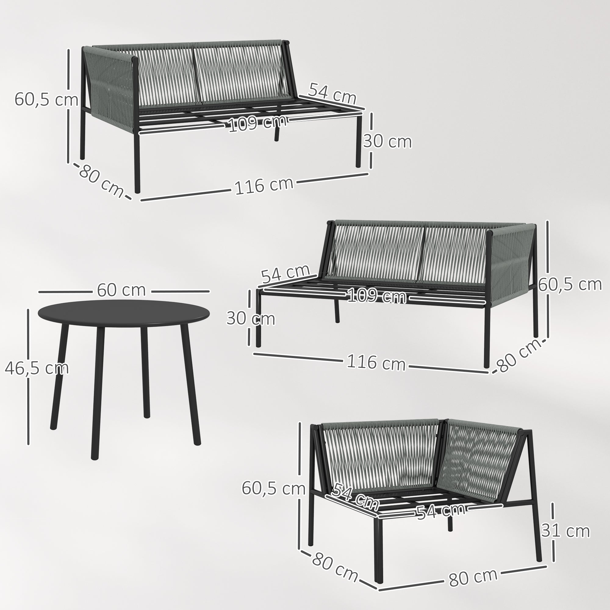 Outsunny Conjunto Jardín Exterior de Ratán con Cojines Conjunto Terraza Resistente a la Intemperie Muebles Jardín Exterior con 2 Sofás de 2 Plazas Sofá Esquina Mesa Redonda Gris Oscuro