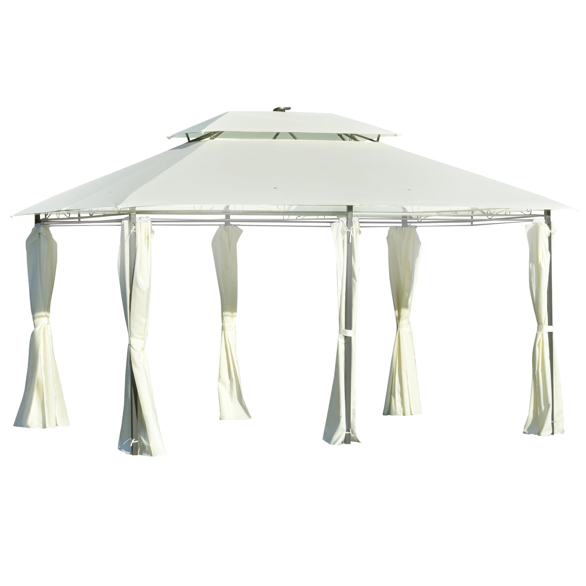 Outsunny Carpa de Jardín con Luces LED Solar 4x3 m Cenador con Doble Techo 6 Cortinas Laterales y Marco de Acero para Patio Terraza Color Crema