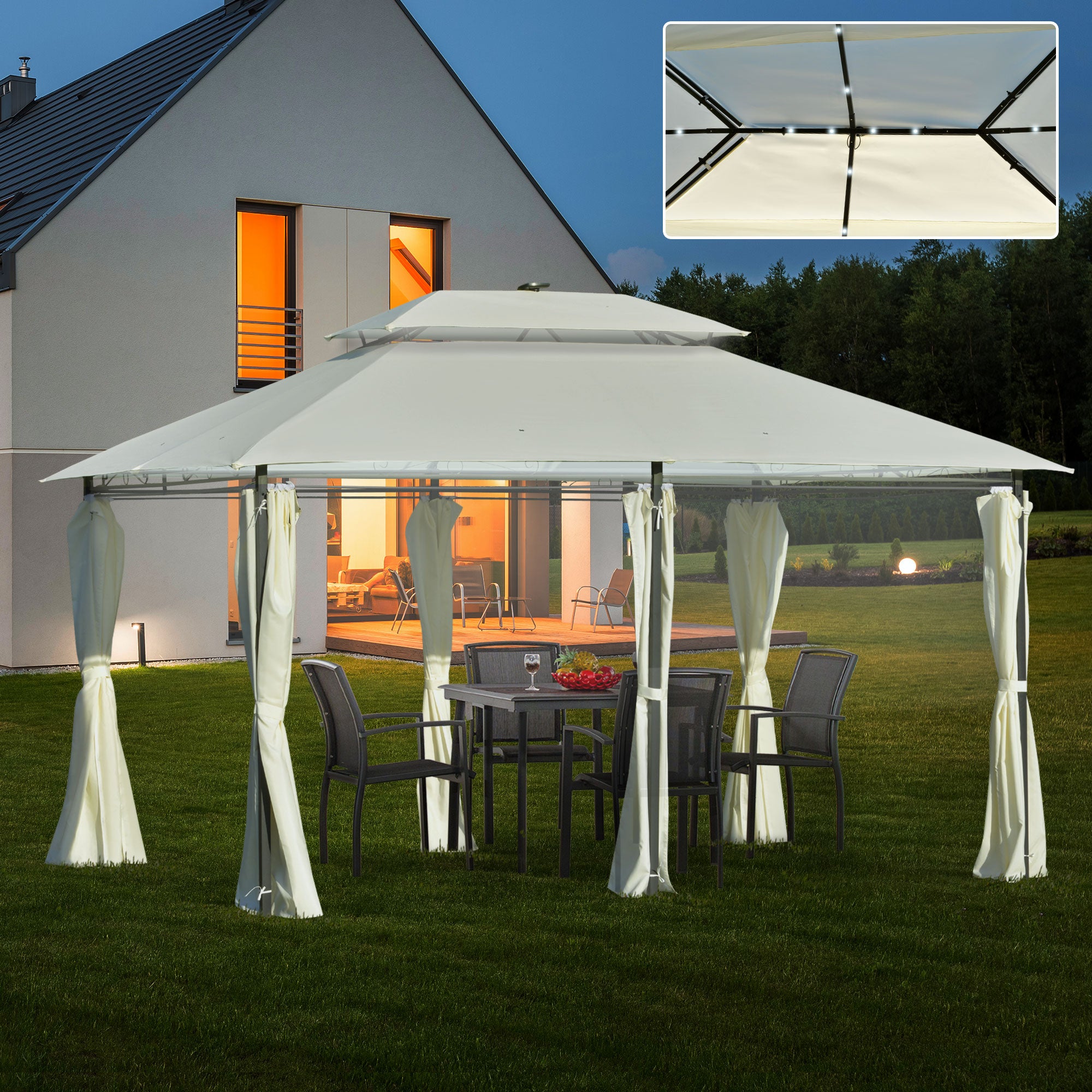 Outsunny Carpa de Jardín con Luces LED Solar 4x3 m Cenador con Doble Techo 6 Cortinas Laterales y Marco de Acero para Patio Terraza Color Crema
