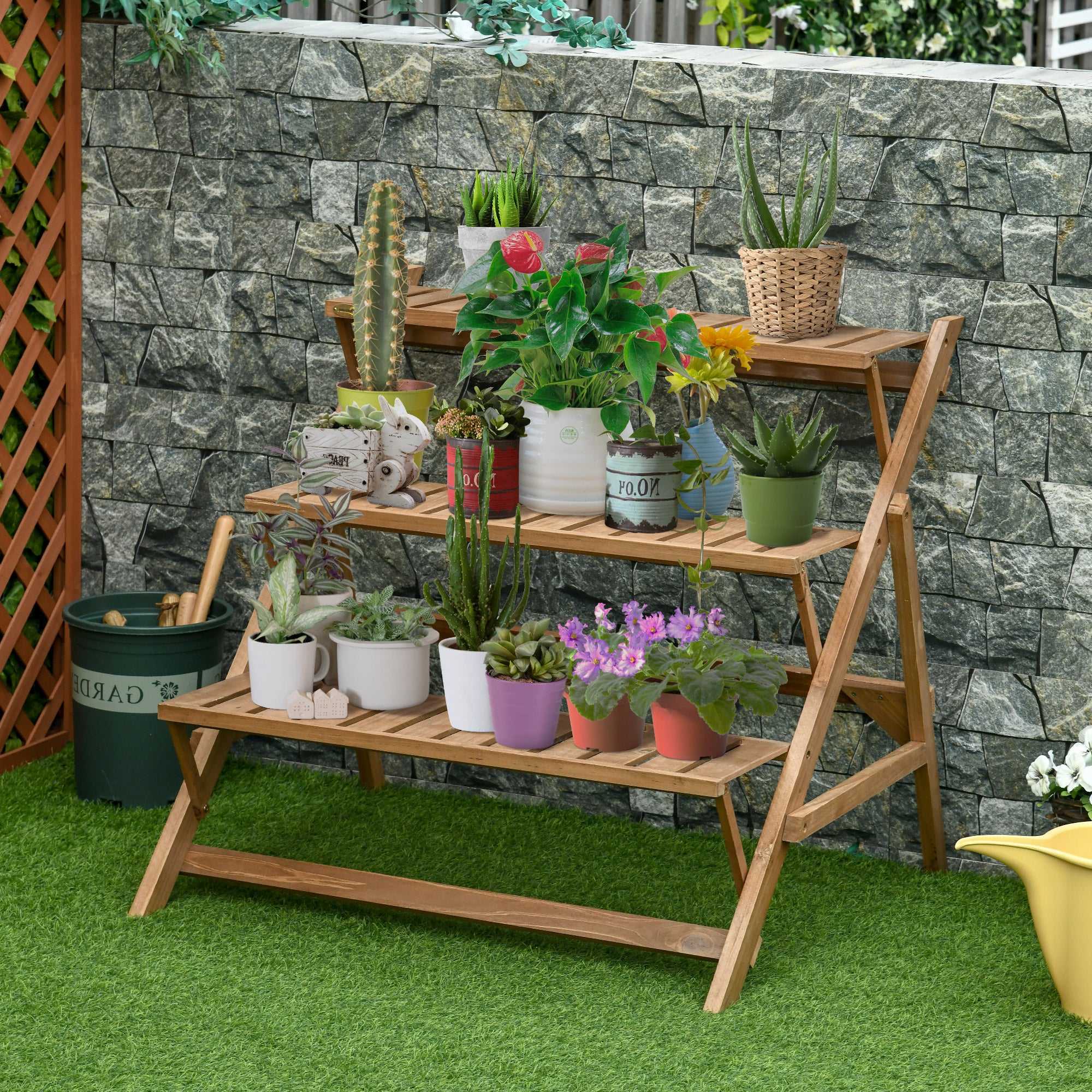 Outsunny Estantería para Plantas de Madera Soporte de Macetas con 3 Estantes Plegables en Forma Escalera para Decoración Interiores y Exteriores 101x83x88 cm Marrón
