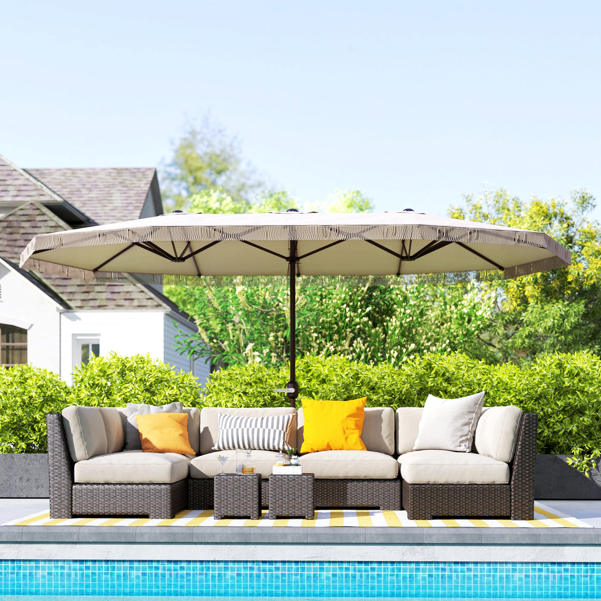 Outsunny Sombrilla Doble 4,5x2,65 m Sombrilla Terraza Exterior con Manivela Manual Resistente al Agua y Protección UV30+ Sombrilla Grande para Terraza Playa Piscina Crema