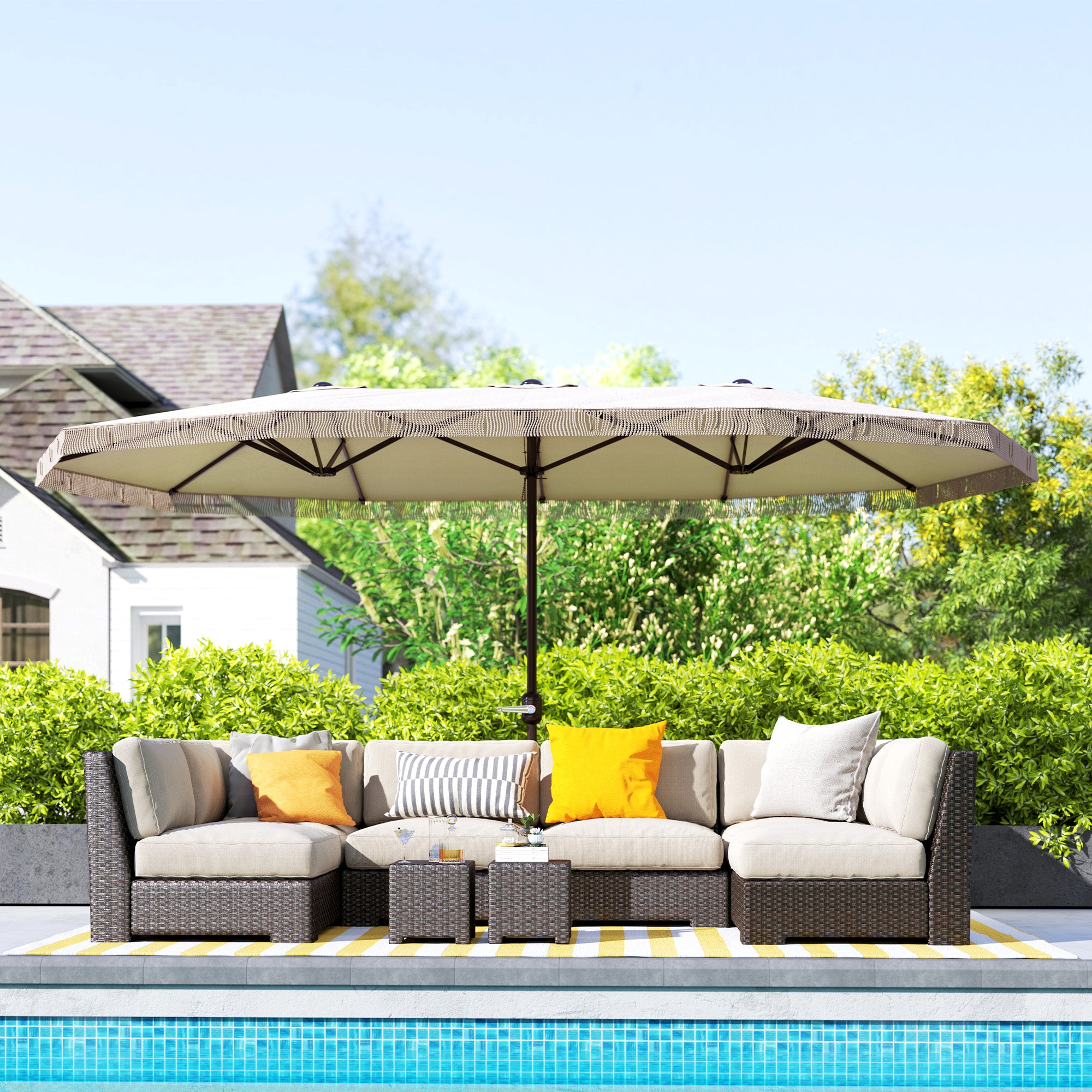 Outsunny Sombrilla Doble 4,5x2,65 m Sombrilla Terraza Exterior con Manivela Manual Resistente al Agua y Protección UV30+ Sombrilla Grande para Terraza Playa Piscina Crema