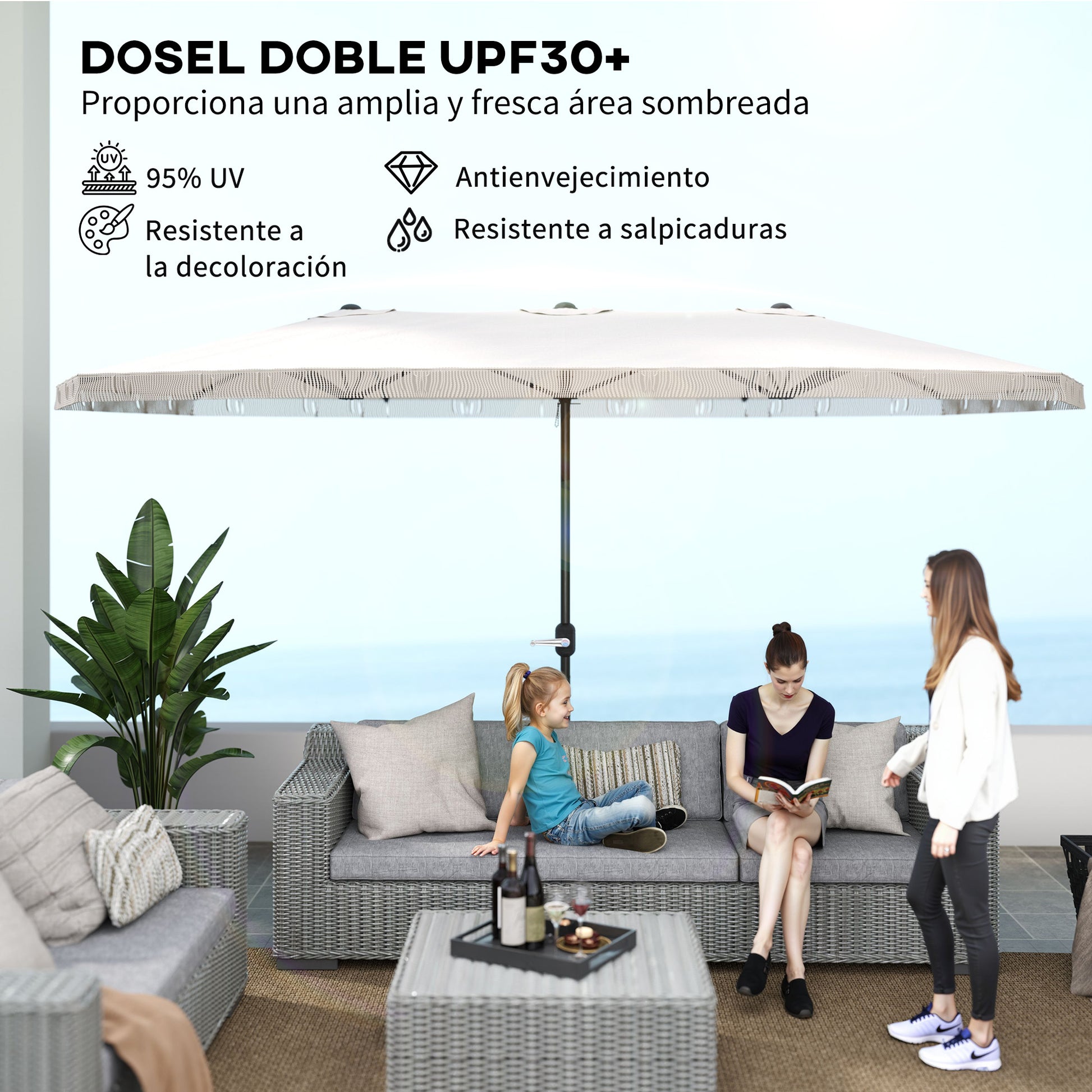 Outsunny Sombrilla Doble 4,5x2,65 m Sombrilla Terraza Exterior con Manivela Manual Resistente al Agua y Protección UV30+ Sombrilla Grande para Terraza Playa Piscina Crema
