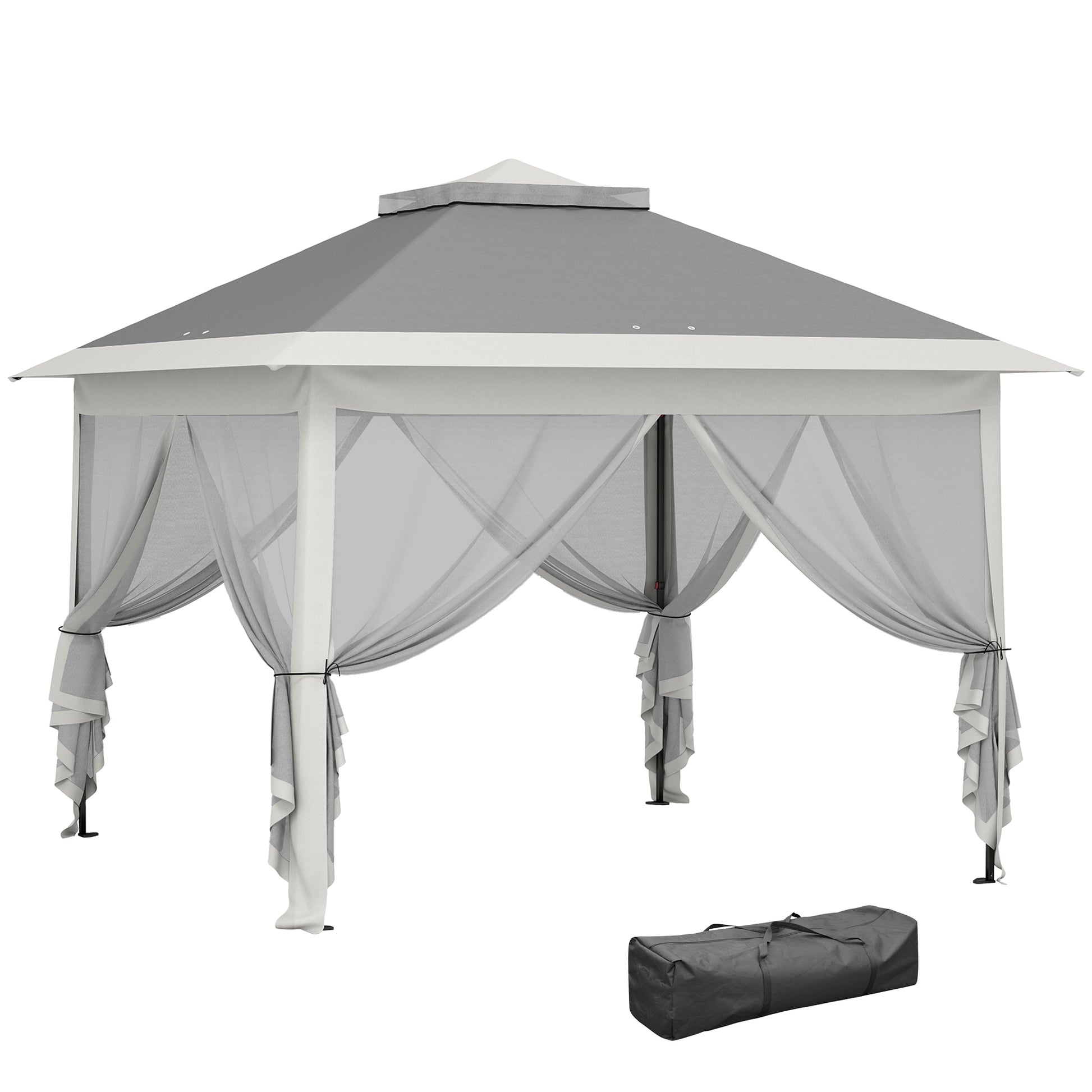 Outsunny Carpa Plegable 3,3x3,3 m Pop-up, Cenador de Jardín con Altura Ajustable 3 Niveles, Doble Techo, 4 Mosquiteras Extraíbles y Bolsa Transporte, Impermeable, Anti-UV para Exterior, Gris Oscuro