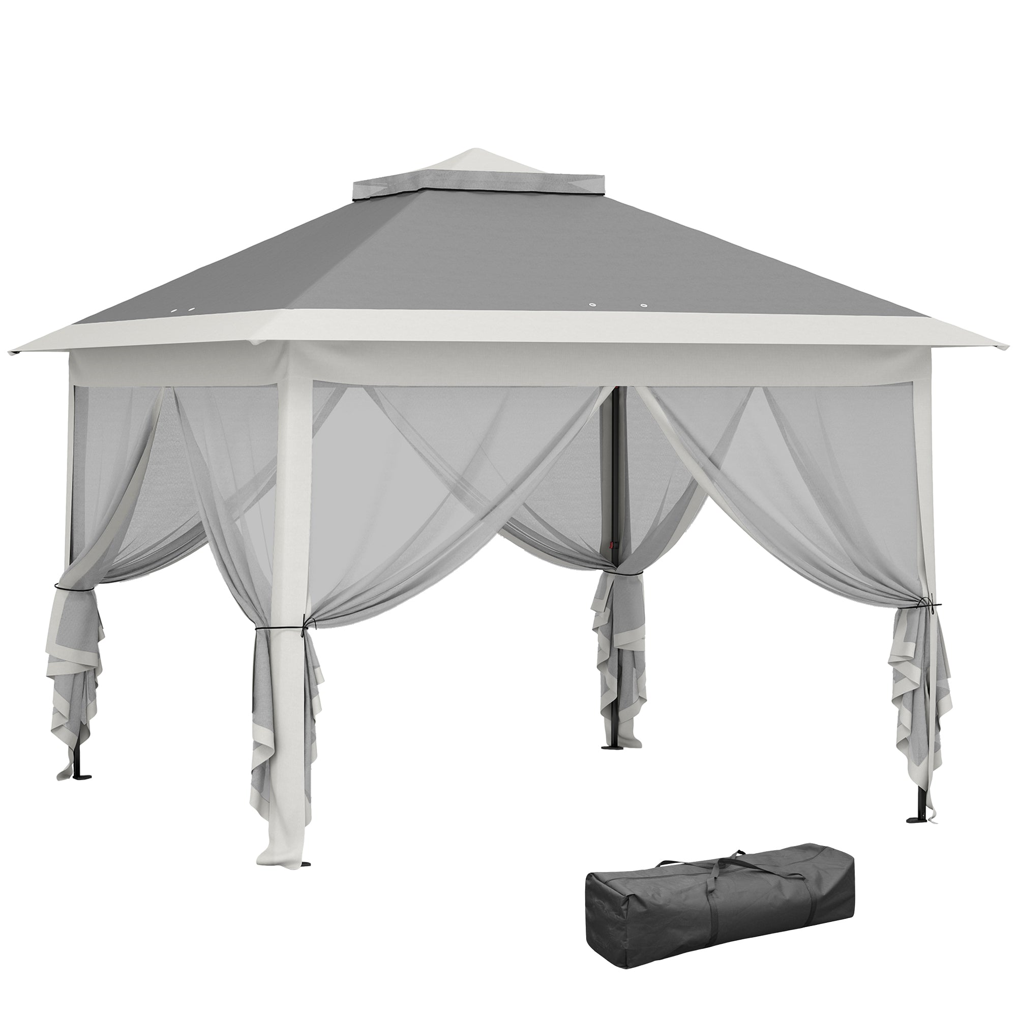 Outsunny Carpa Plegable 3,3x3,3 m Pop-up, Cenador de Jardín con Altura Ajustable 3 Niveles, Doble Techo, 4 Mosquiteras Extraíbles y Bolsa Transporte, Impermeable, Anti-UV para Exterior, Gris Oscuro