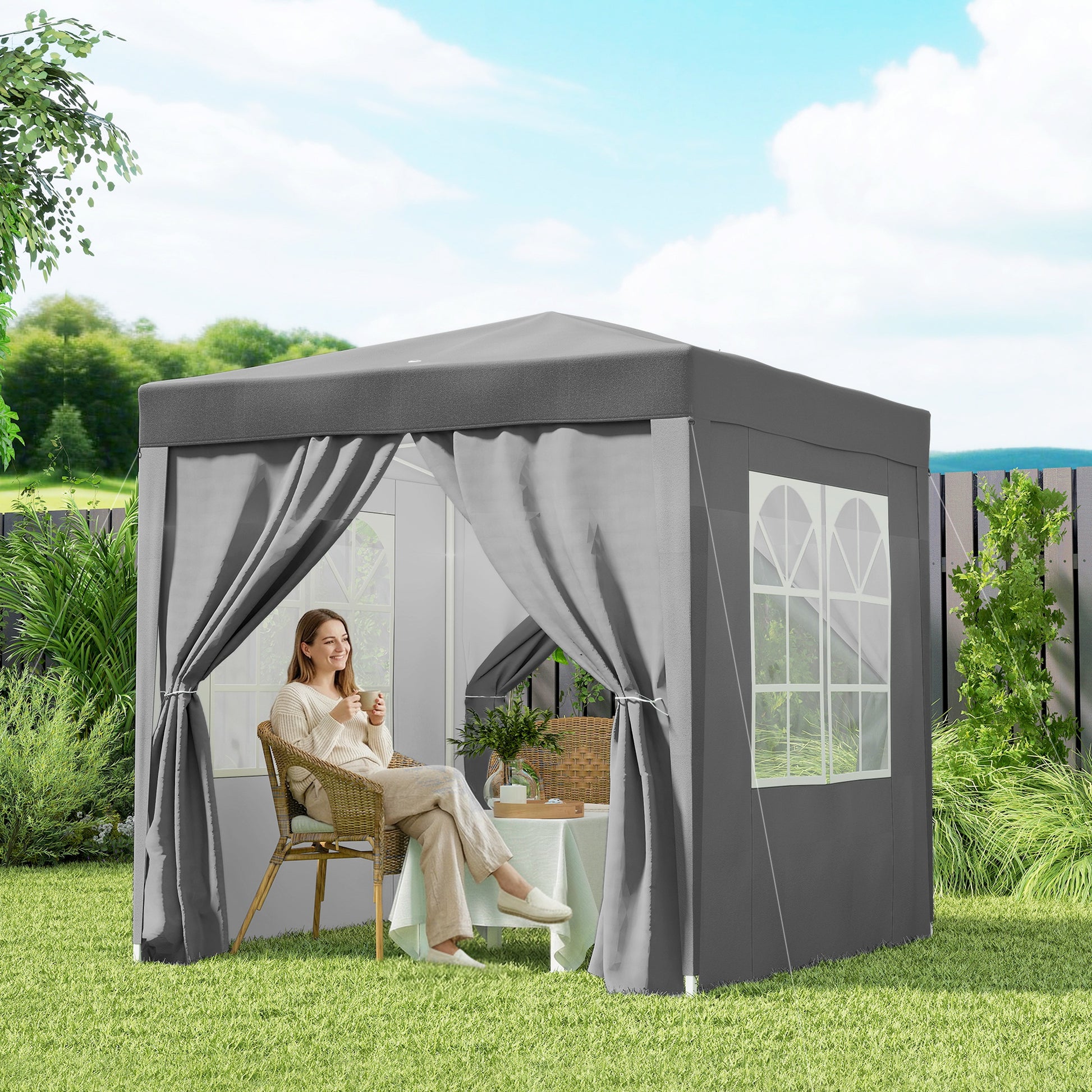 Outsunny Carpa Plegable Pop-up Gazebo 2x2 m Cenador Plegable con 4 Paredes Laterales Anti-UV y Bolsa de Transporte para Camping Fiestas Gris