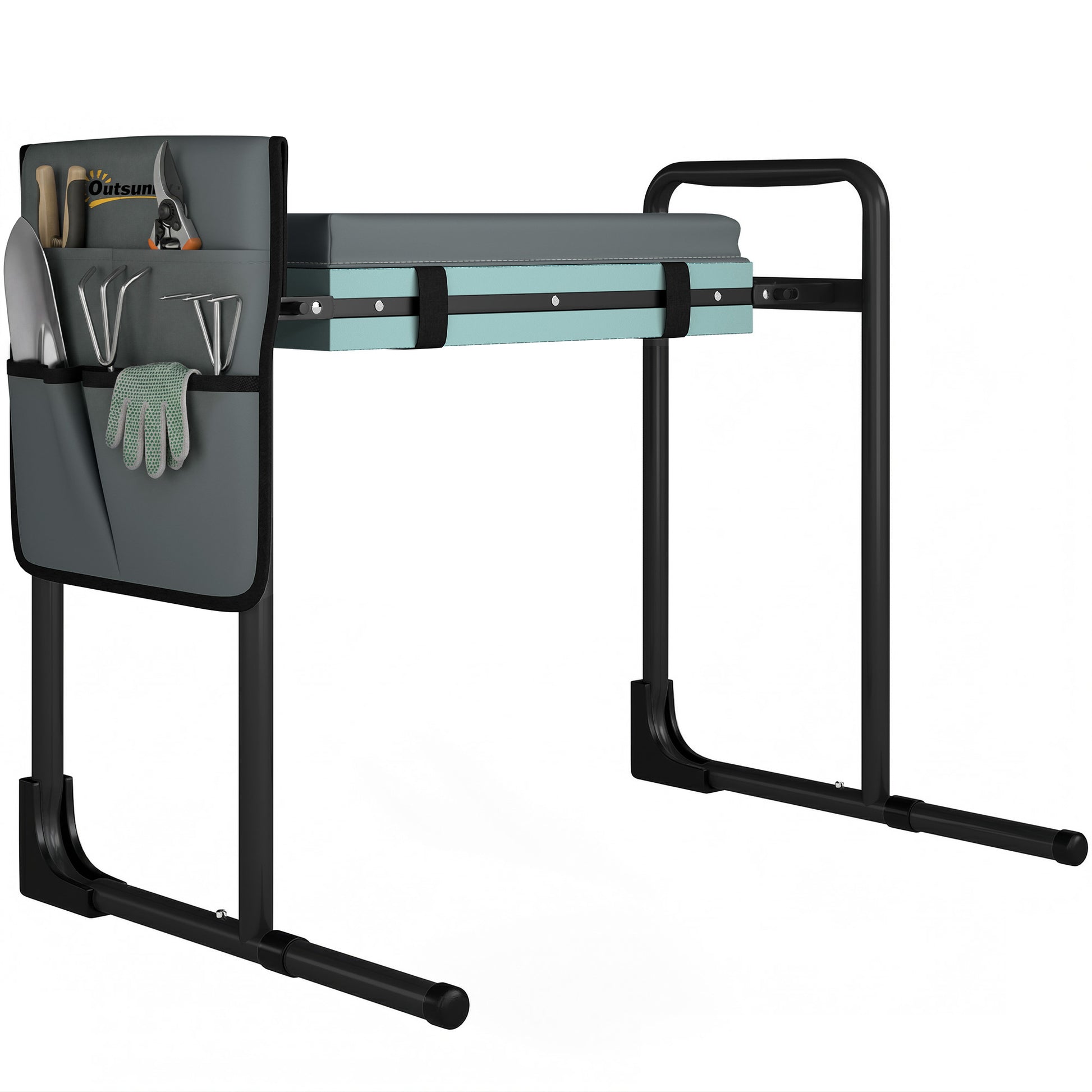 Outsunny Taburete de Jardín Plegable con Almohadilla de Espuma EVA, Asiento de Jardín Portátil con Bolsa para Herramientas, Patas Extensibles, Carga 150kg, Regalo para Jardineros Ancianos, Gris Oscuro