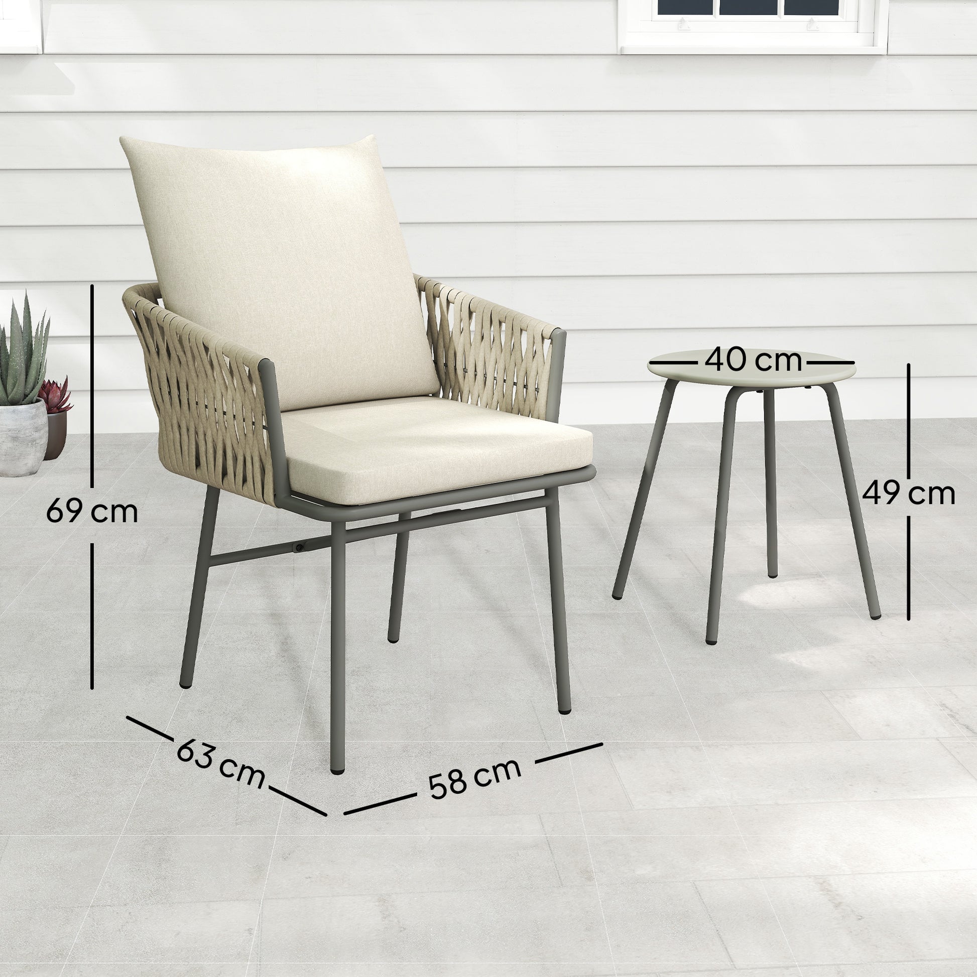 Outsunny Conjunto de Jardín Exterior de 3 Piezas Muebles de Jardín con 2 Sillas con Cojines Extraíbles Lavables y Mesa Terraza con Tablero de Metal Impermeable Anti-UV para Balcón Patio Gris y Crema