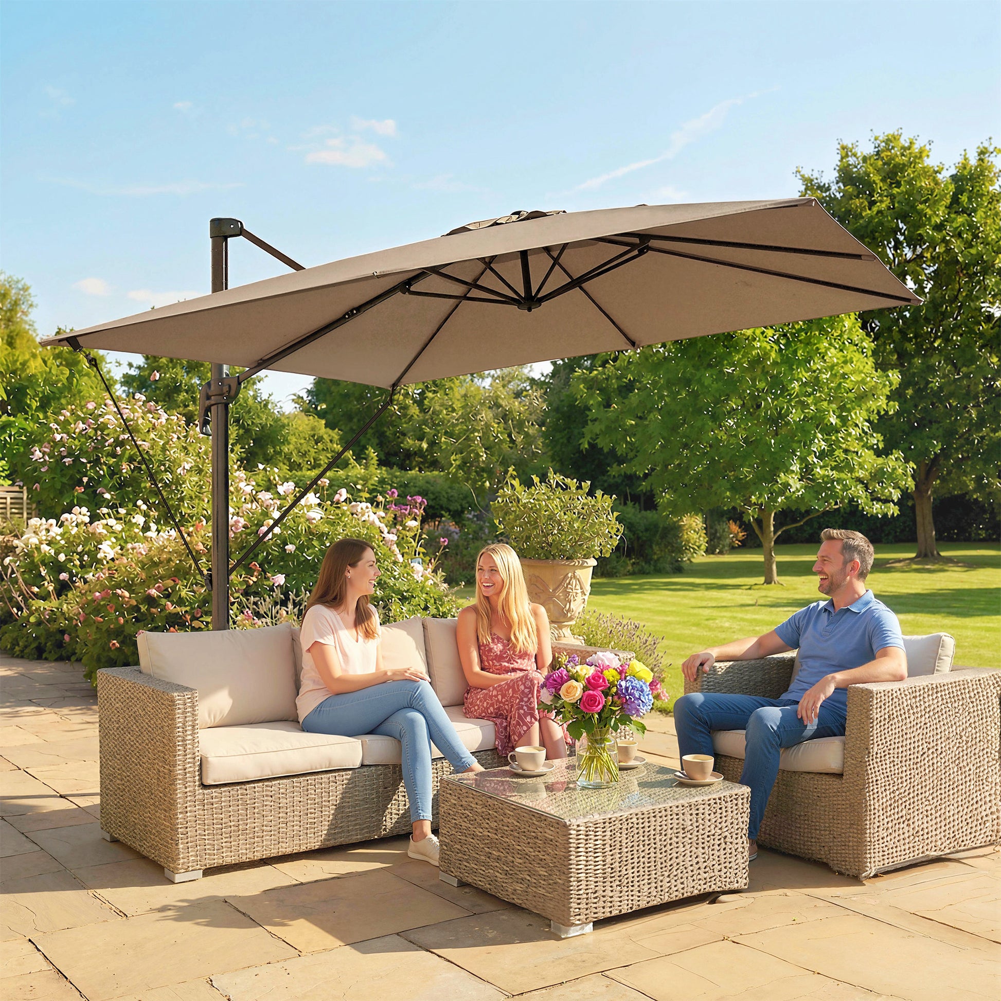 Outsunny Sombrilla de Jardín 2,9x2,9 m, Parasol Excéntrico de Aluminio con Manivela, Toldo Giratorio 360°, Inclinación Ajustable, Base Cruzada y Funda, UPF30+, Sombrilla para Terraza Exterior, Caqui