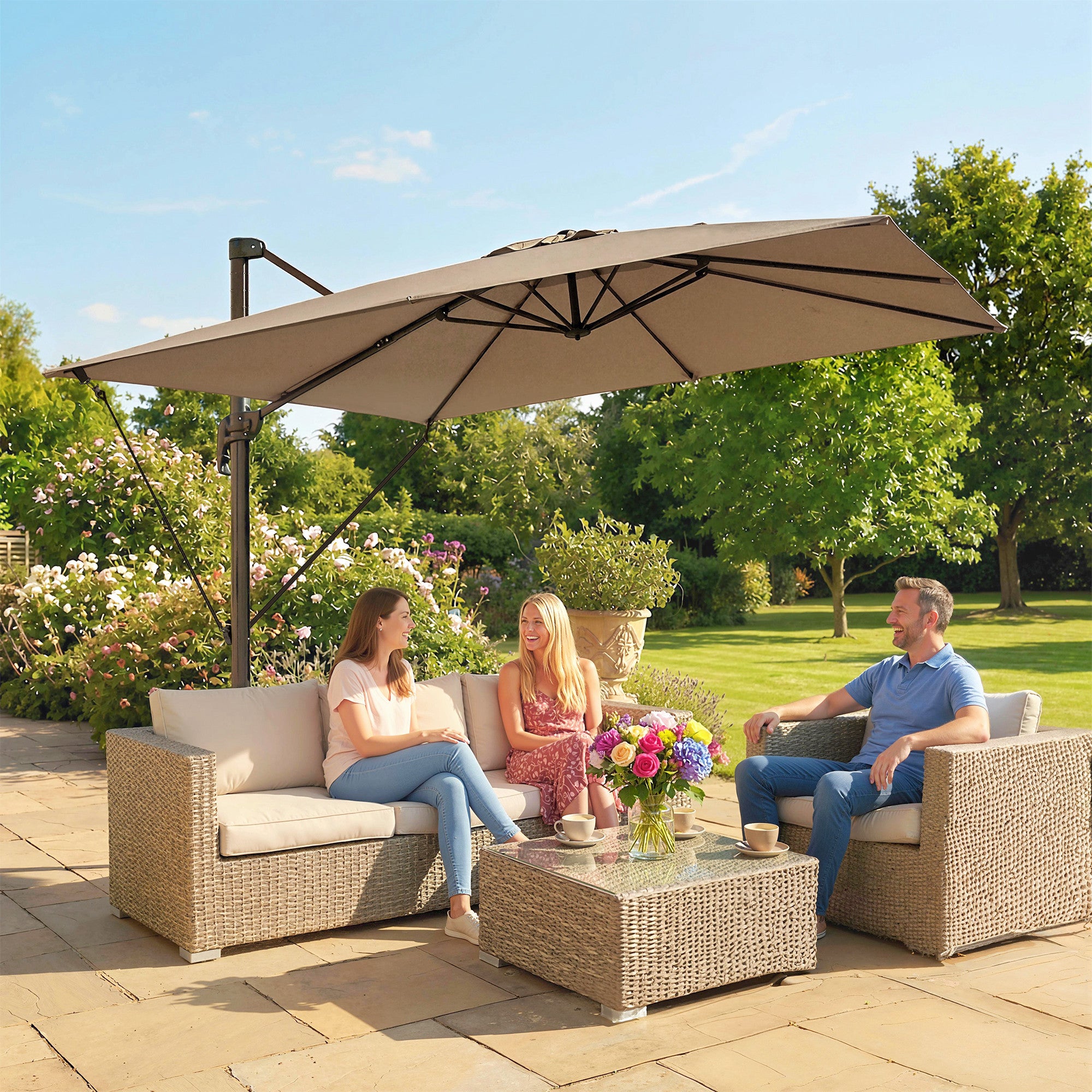 Outsunny Sombrilla de Jardín 2,9x2,9 m, Parasol Excéntrico de Aluminio con Manivela, Toldo Giratorio 360°, Inclinación Ajustable, Base Cruzada y Funda, UPF30+, Sombrilla para Terraza Exterior, Caqui
