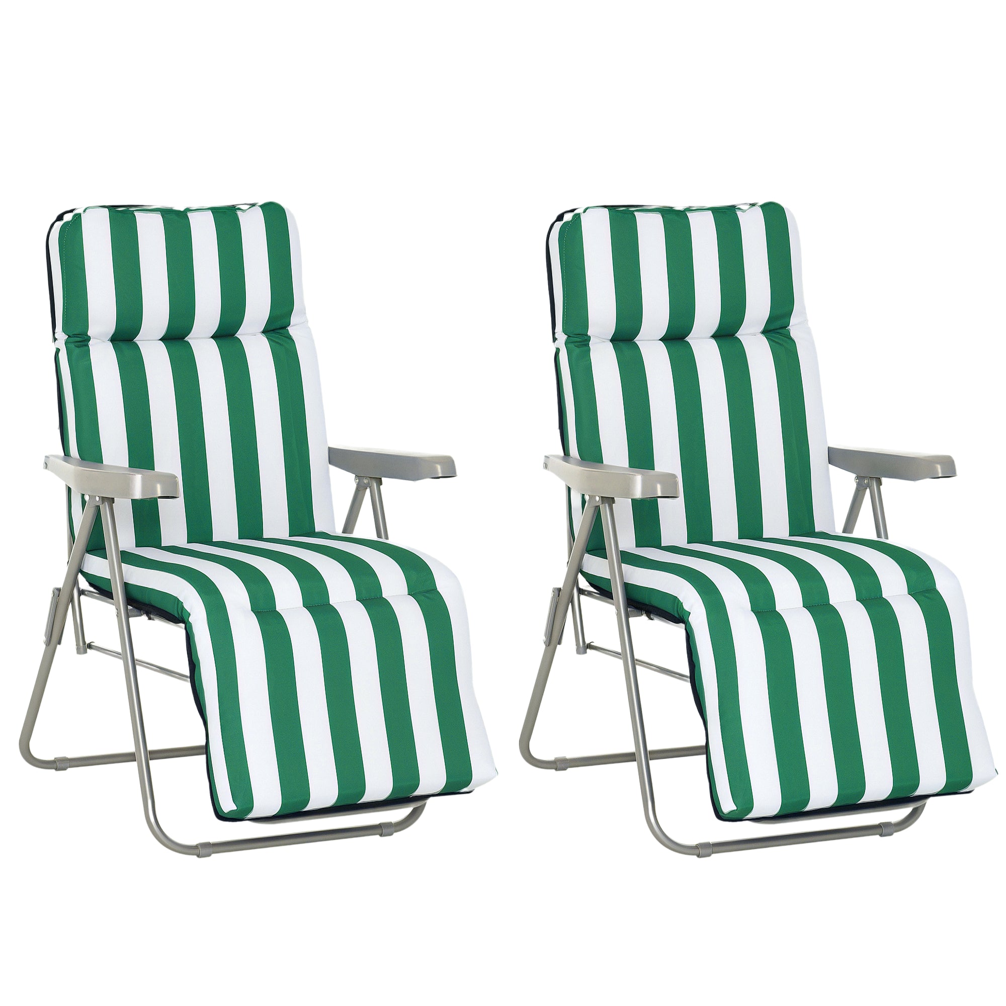 Outsunny Pack de 2 Tumbonas Plegables Tumbonas de Jardín Exterior con Cojín Acolchado, Respaldo Ajustable en 5 Posiciones, Reposapiés y Marco de Acero, 60x75x65-102 cm, Rayas Verde