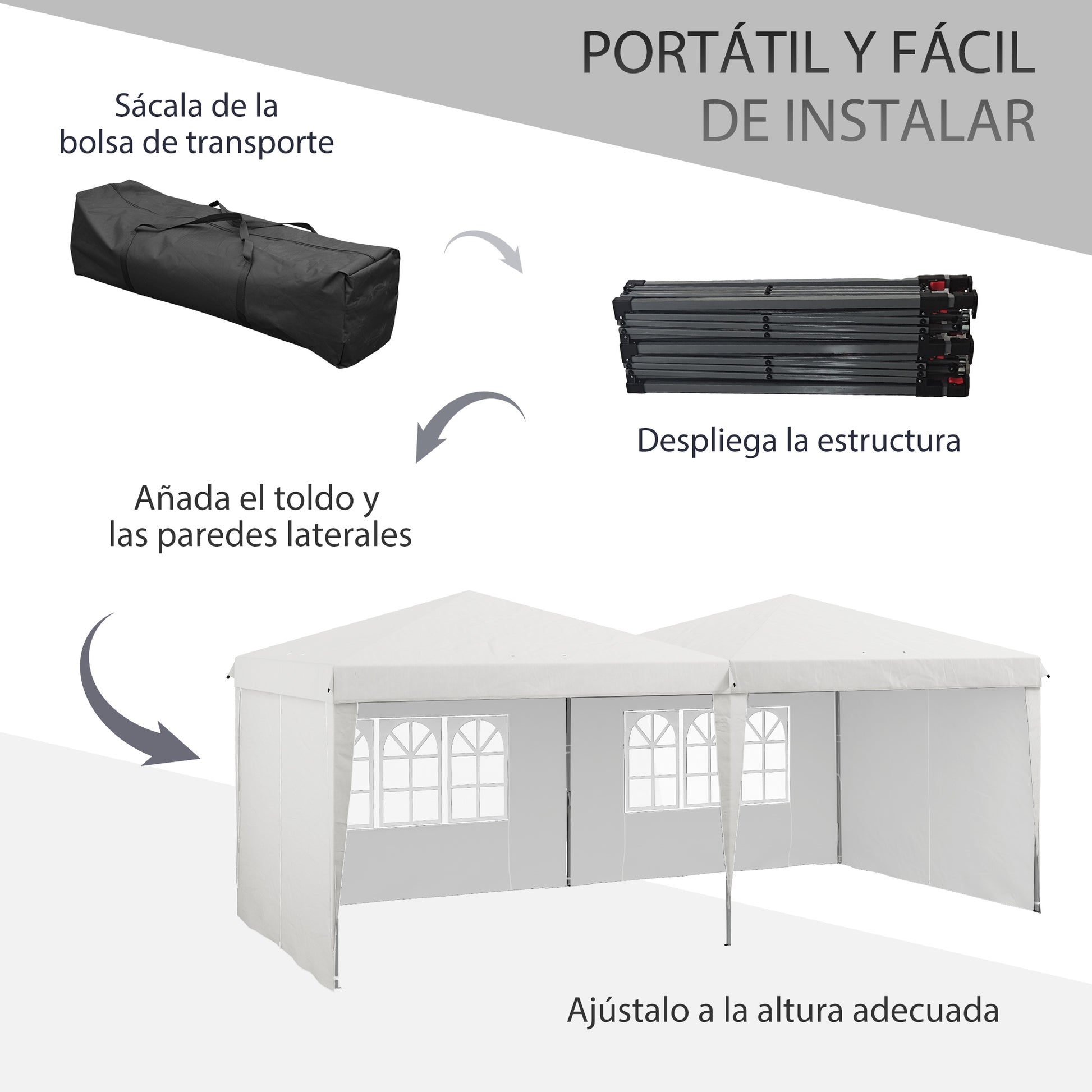 Outsunny Carpa Plegable 6x3 m Cenador de Jardín con Altura Ajustable Paredes Laterales Protección UV30+ Impermeable Sacos de Arena y Bolsa de Transporte Gazebo para Exterior Jardín Fiestas Blanco